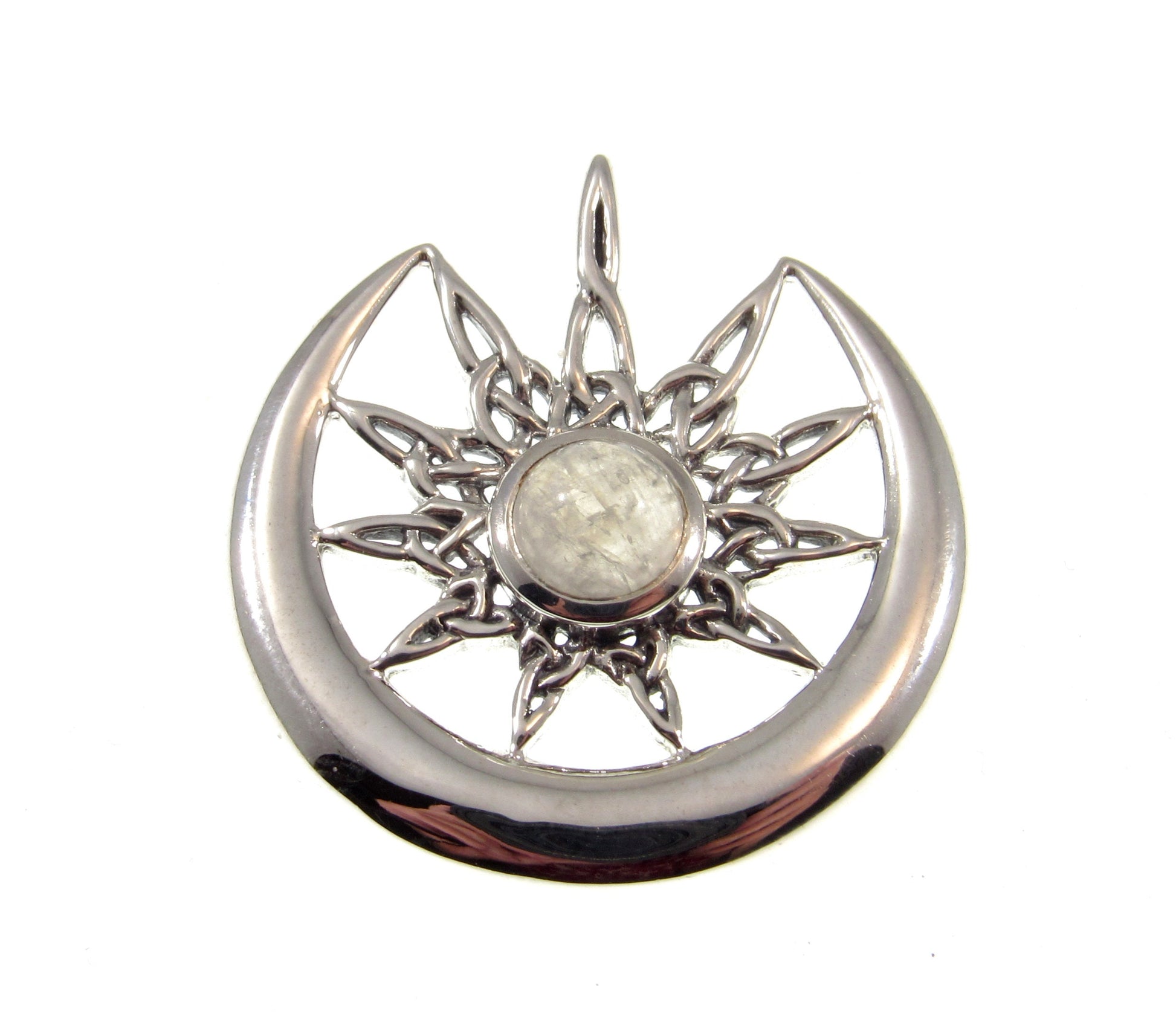 Solid 925 Sterling Silver Celtic Star on Crescent Moon with Rainbow Moonstone Gemstone