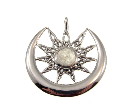 Solid 925 Sterling Silver Celtic Star on Crescent Moon with Rainbow Moonstone Gemstone