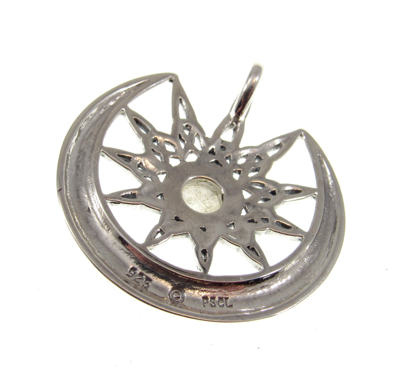 Solid 925 Sterling Silver Celtic Star on Crescent Moon with Rainbow Moonstone Gemstone