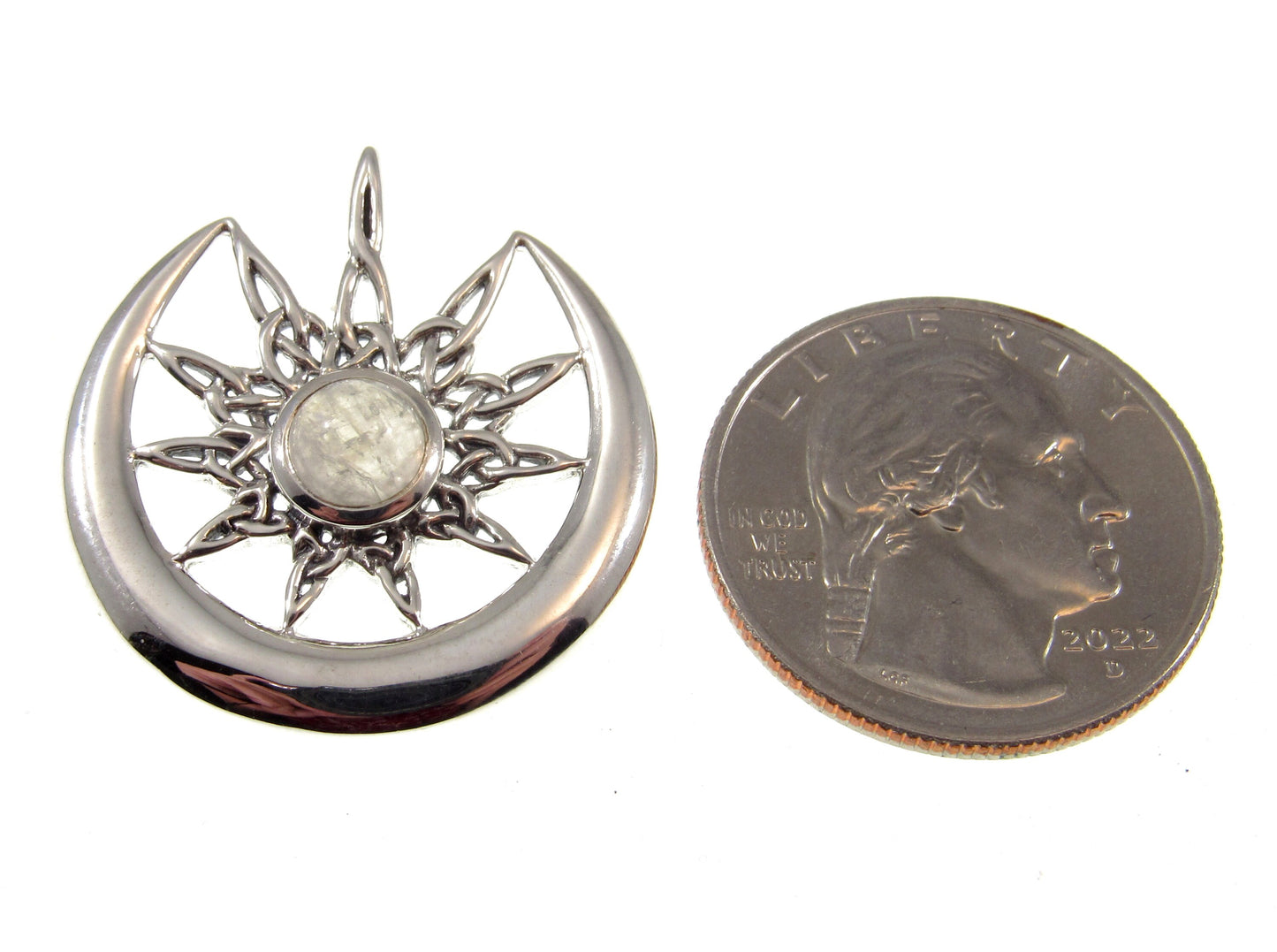 Solid 925 Sterling Silver Celtic Star on Crescent Moon with Rainbow Moonstone Gemstone