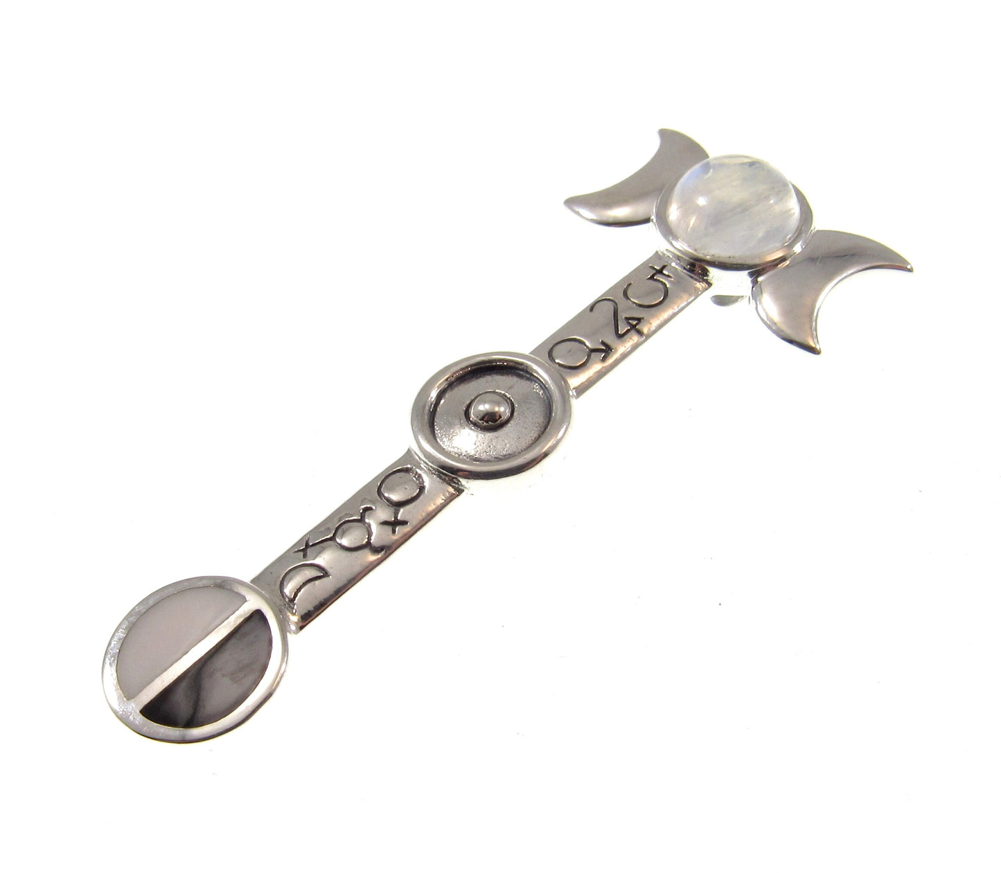 Solid 925 Sterling Silver Astrologer's Staff Triple Moon Pendant, Phases of Empowerment Magical Wiccan Pagan Amulet with Moonstone