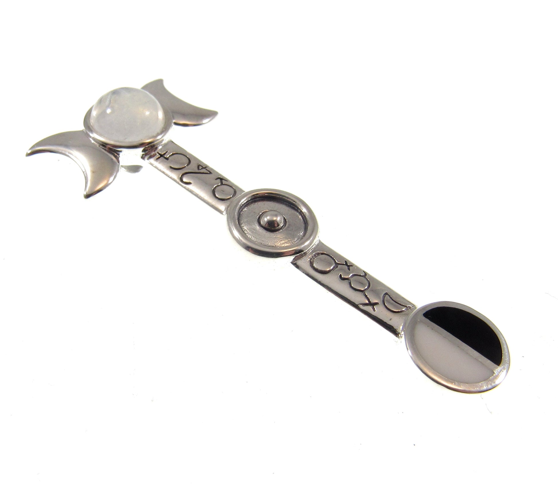 Solid 925 Sterling Silver Astrologer's Staff Triple Moon Pendant, Phases of Empowerment Magical Wiccan Pagan Amulet with Moonstone