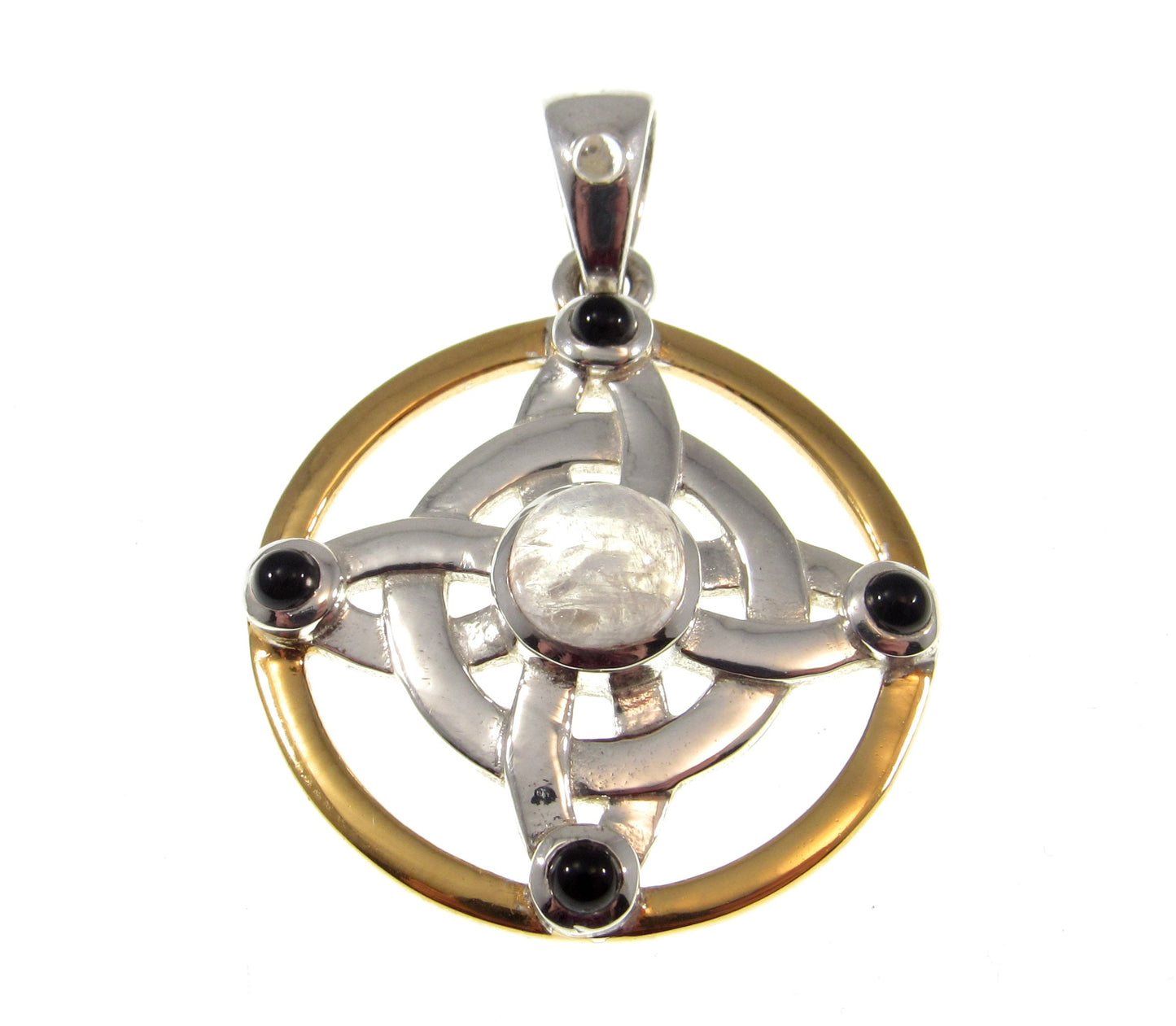 Solid 925 Sterling Silver & 18k Gold Witch's Protection Knot Pendant, Celtic Quaternary Knot, with Moonstone, Onyx, and Quartz