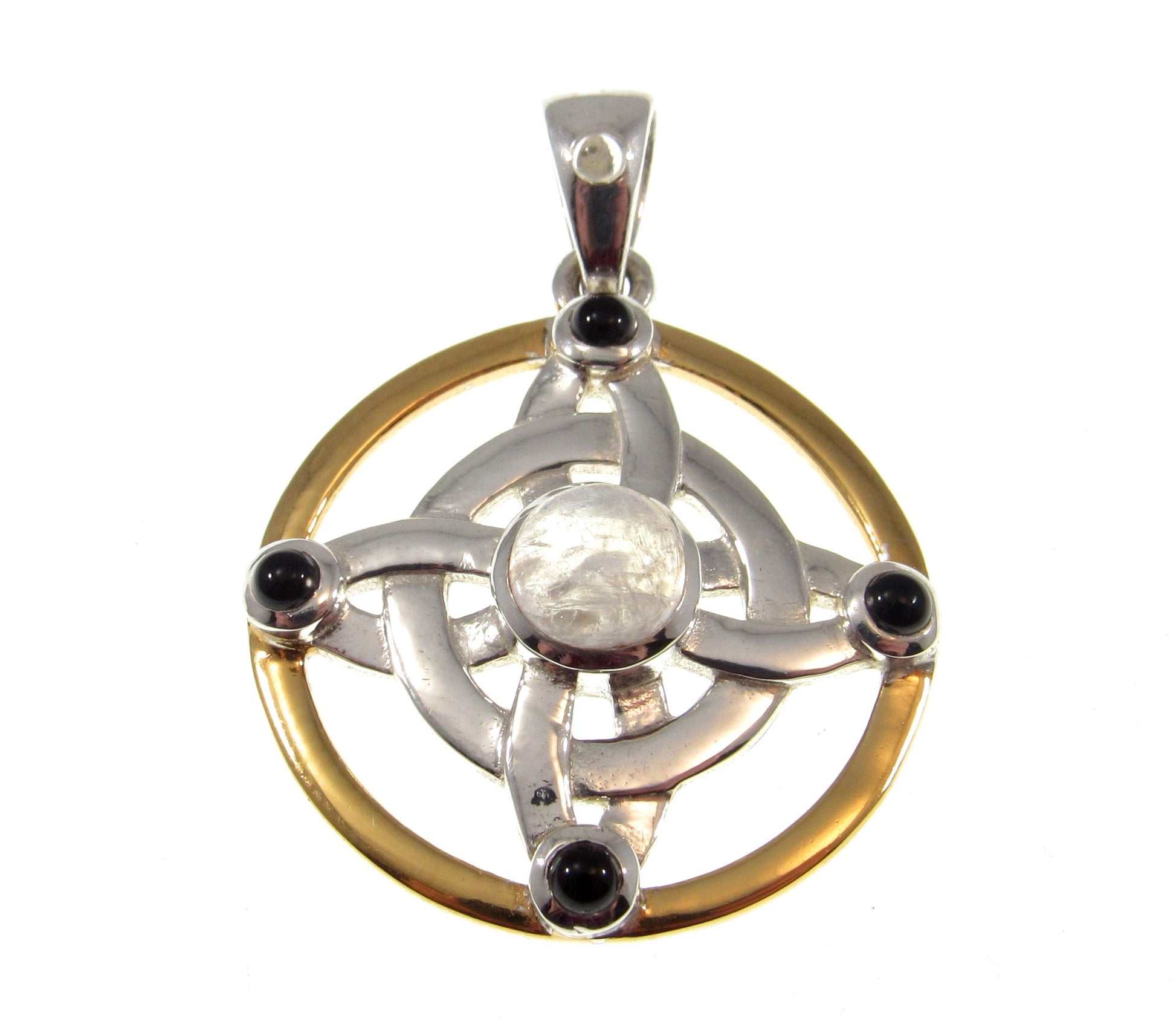 Solid 925 Sterling Silver & 18k Gold Witch's Protection Knot Pendant, Celtic Quaternary Knot, with Moonstone, Onyx, and Quartz