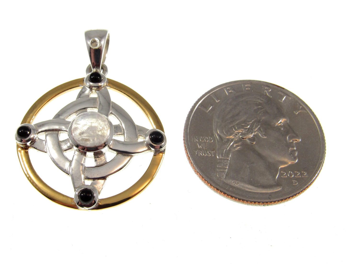 Solid 925 Sterling Silver & 18k Gold Witch's Protection Knot Pendant, Celtic Quaternary Knot, with Moonstone, Onyx, and Quartz