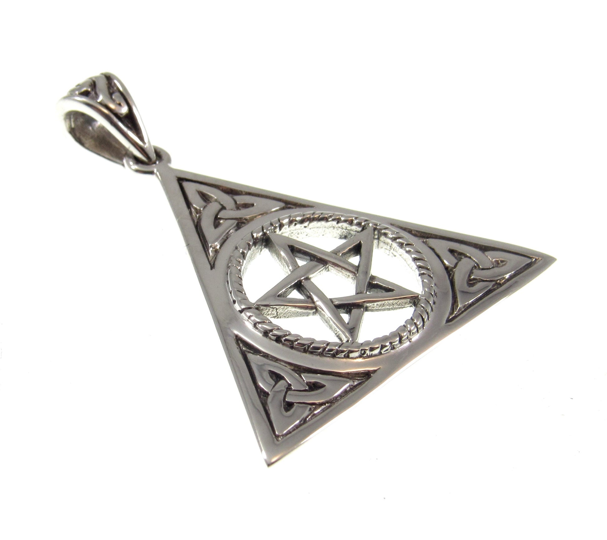 Solid 925 Sterling Silver Pentacle with Celtic Trinity Knot Pendant, Pagan Pyramid Pentagram Amulet