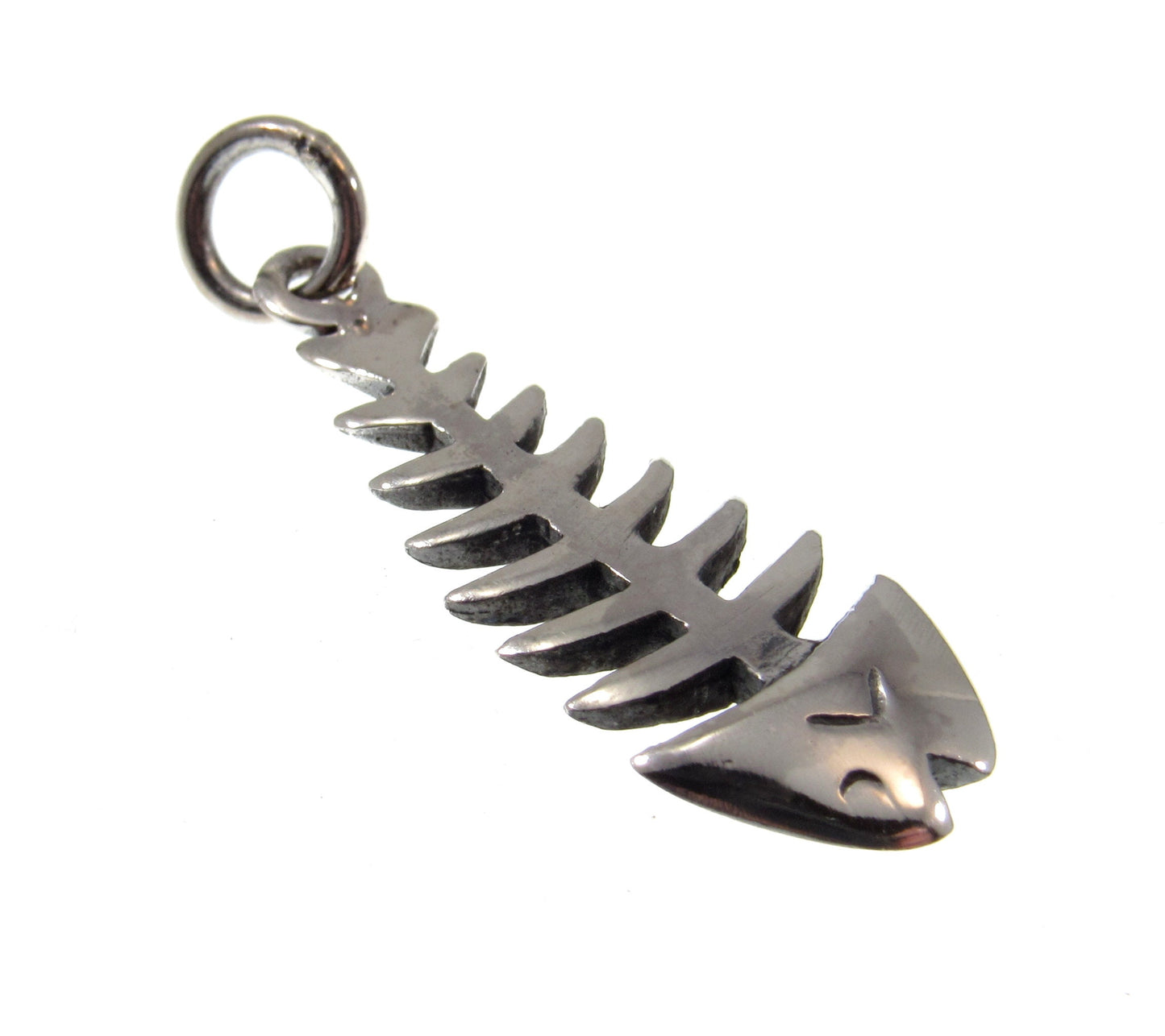 Solid 925 Sterling Silver 3D Two Sided Fish Skeleton Pendant, Handcrafted Fish Bone Charm