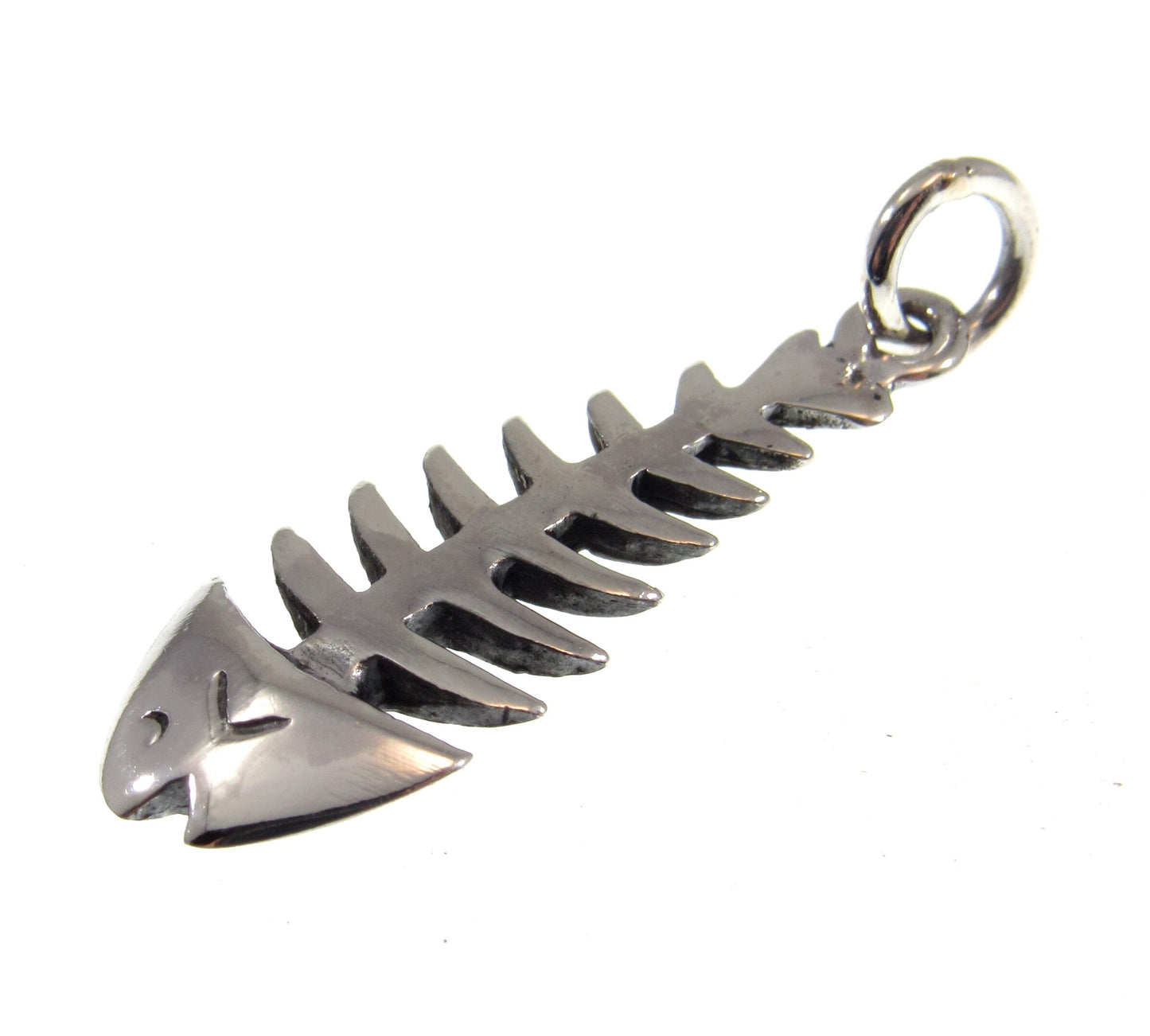 Solid 925 Sterling Silver 3D Two Sided Fish Skeleton Pendant, Handcrafted Fish Bone Charm