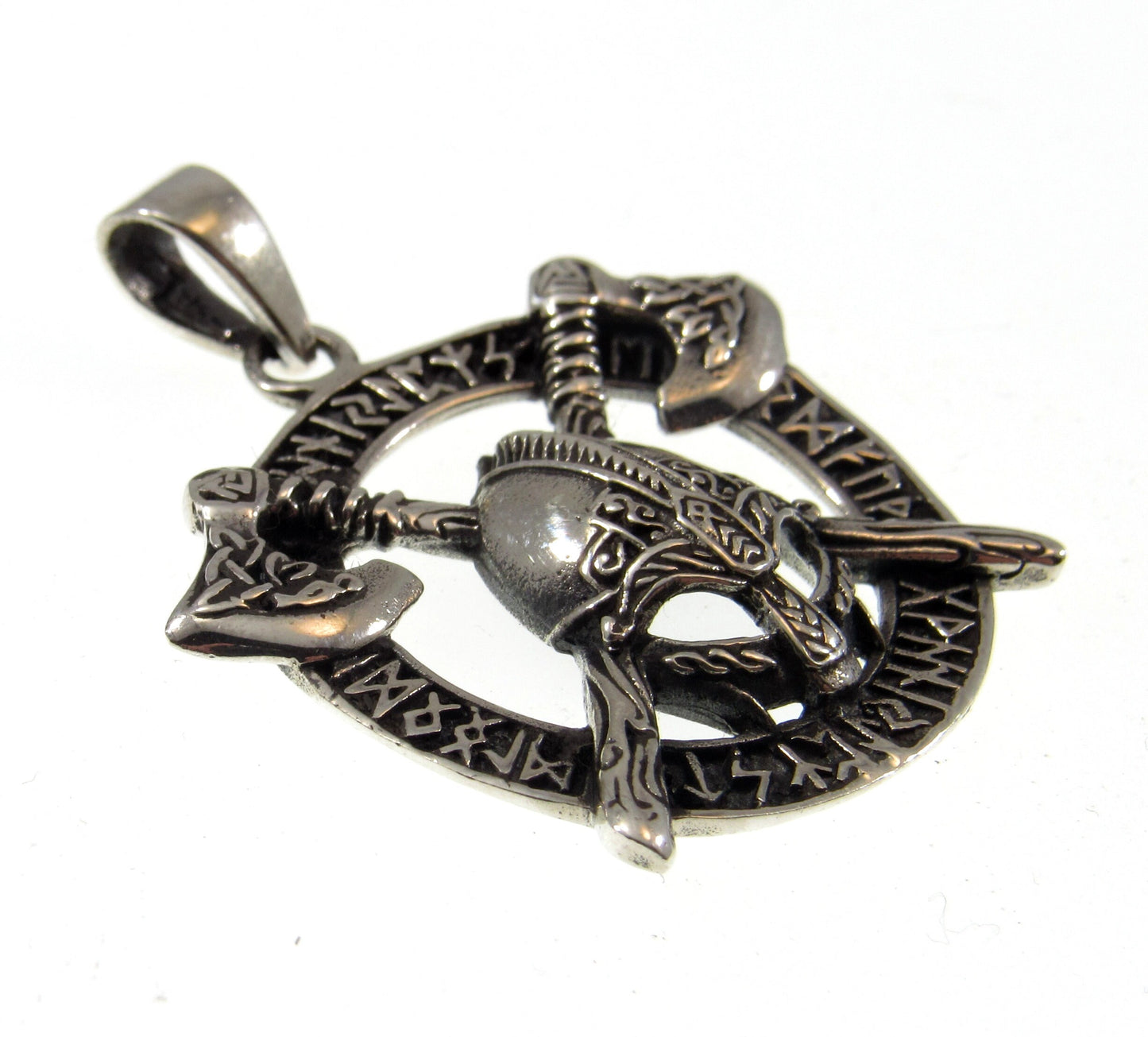 Solid 925 Sterling Silver Viking Warrior Pendant – Norse Helmet and Axe Amulet with Runes – Handcrafted Mythology Jewelry Gift for Men