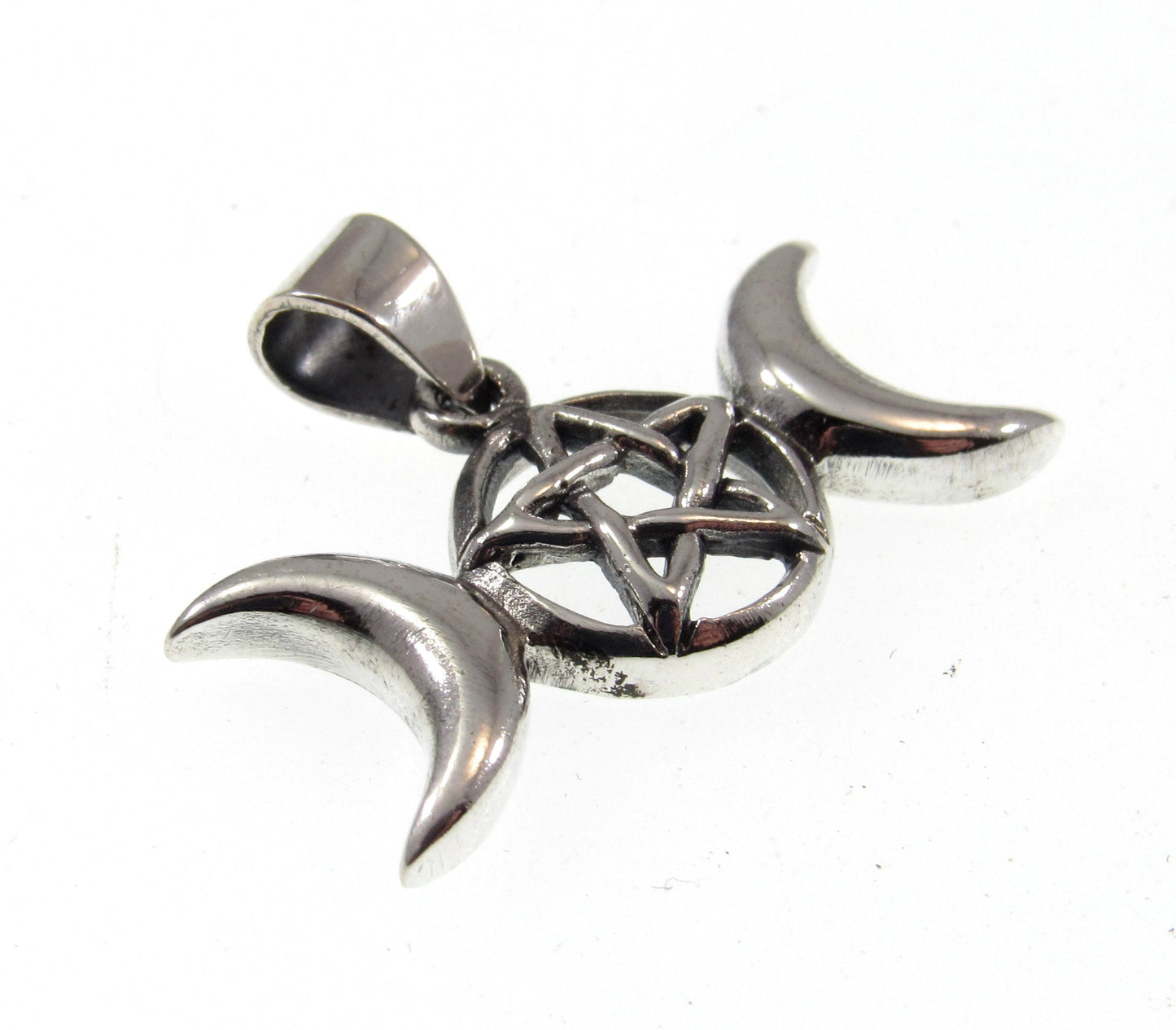 Solid 925 Sterling Silver Triple Moon Pentacle Pendant, Powerful Wiccan Crescent Moon Pentagram Amulet
