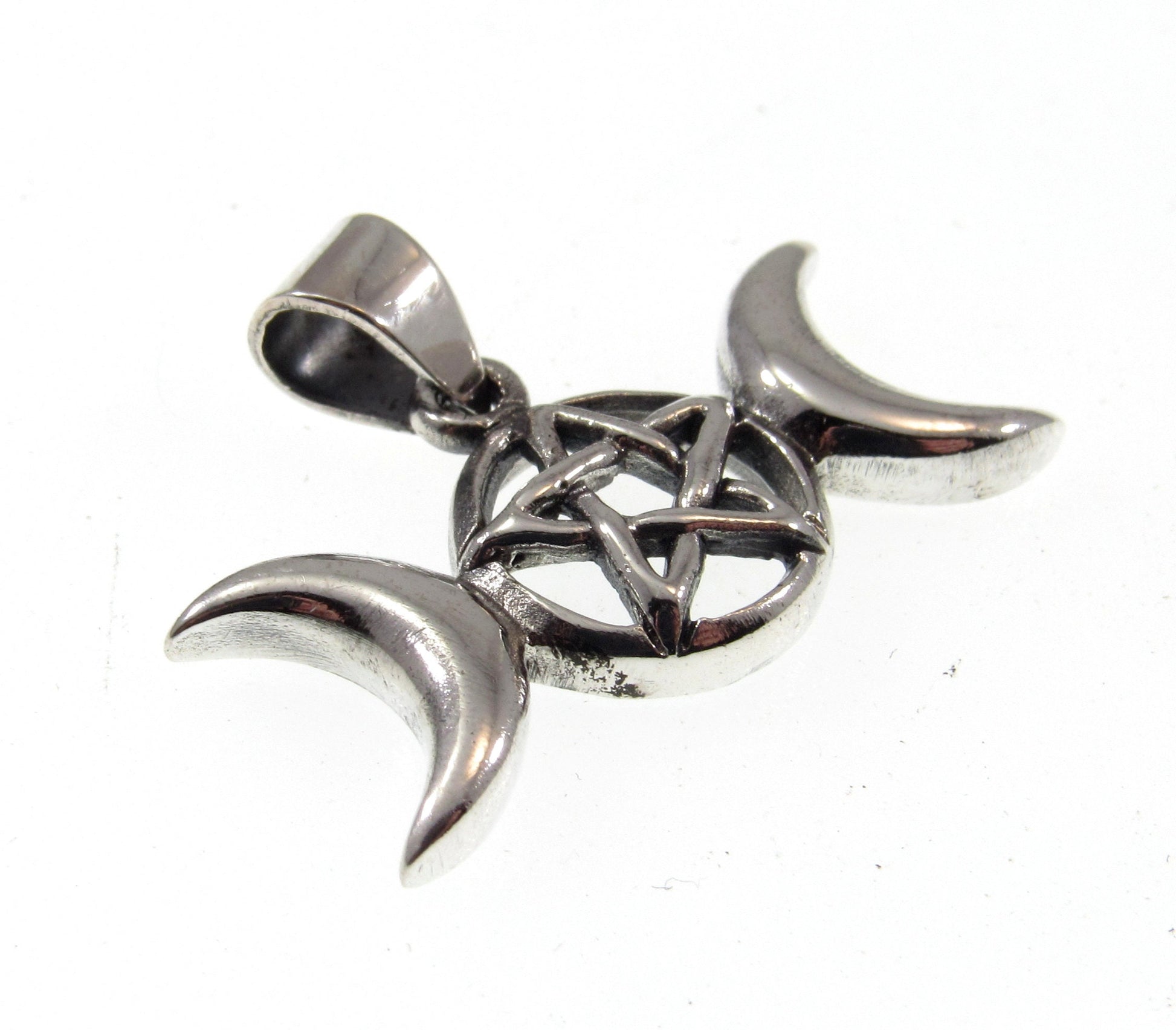 Solid 925 Sterling Silver Triple Moon Pentacle Pendant, Powerful Wiccan Crescent Moon Pentagram Amulet