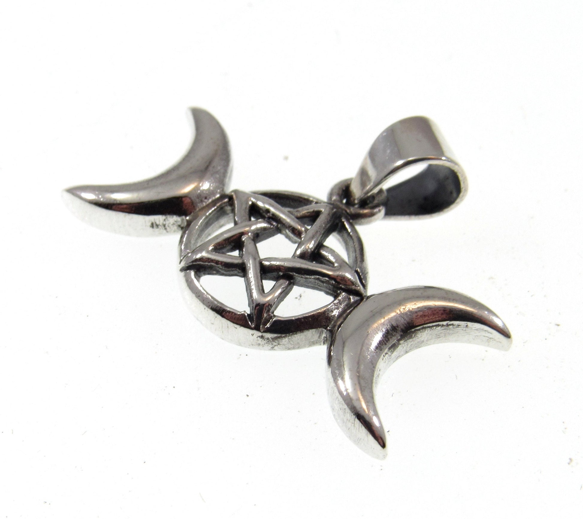 Solid 925 Sterling Silver Triple Moon Pentacle Pendant, Powerful Wiccan Crescent Moon Pentagram Amulet
