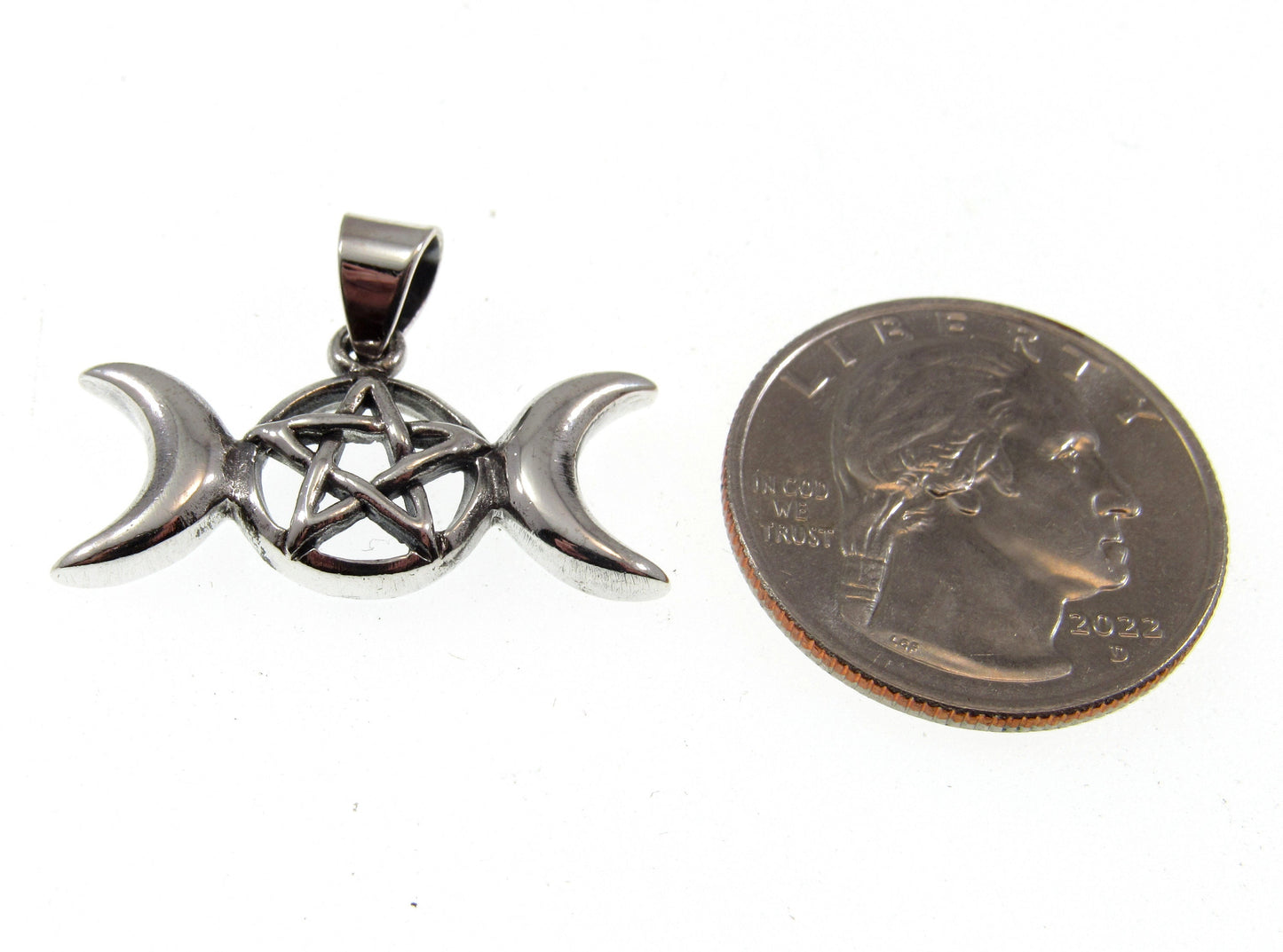 Solid 925 Sterling Silver Triple Moon Pentacle Pendant, Powerful Wiccan Crescent Moon Pentagram Amulet