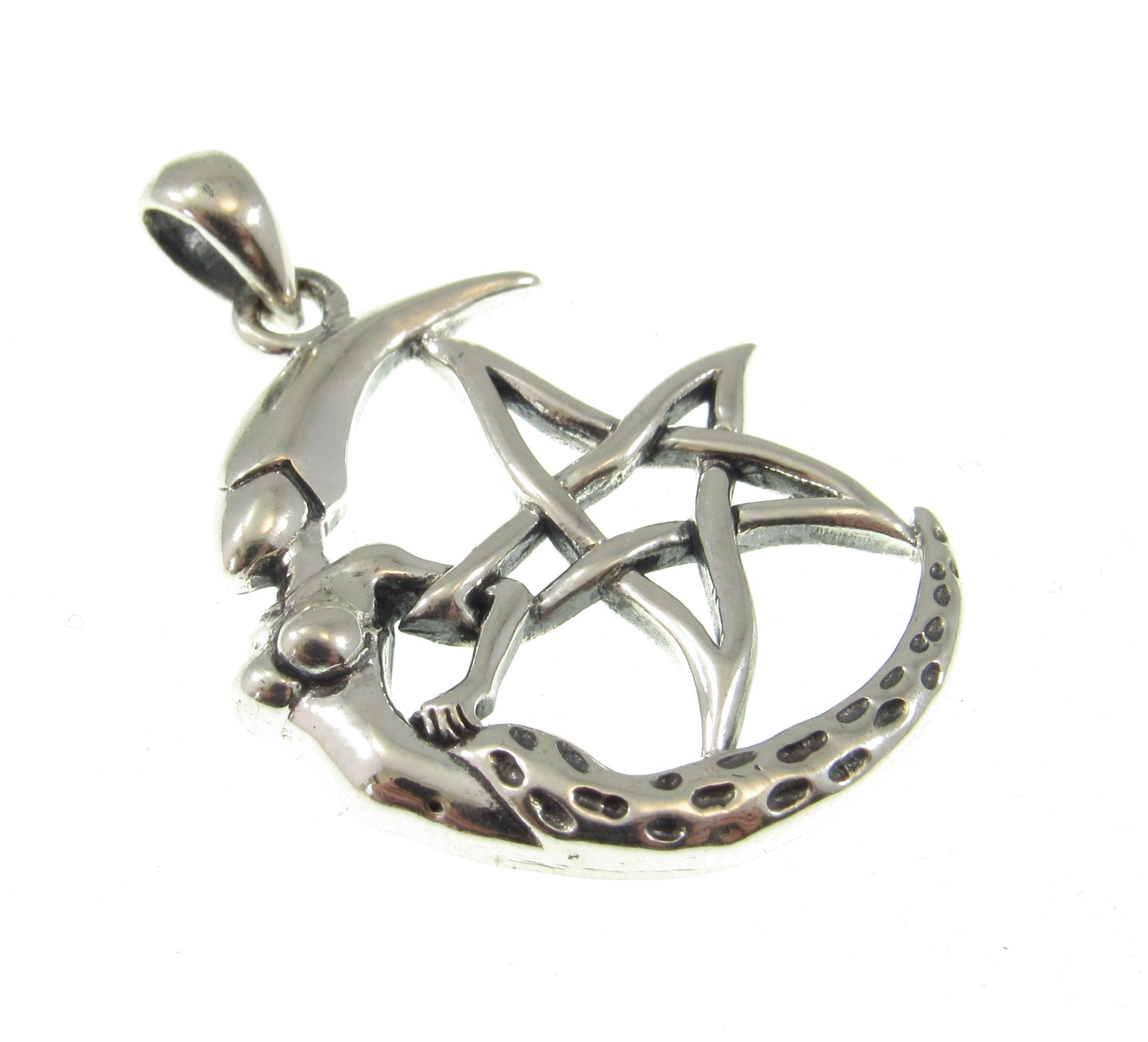 Solid 925 Sterling Silver Moon Goddess The Star Pentagram Pendant, Pagan Wicca Amulet