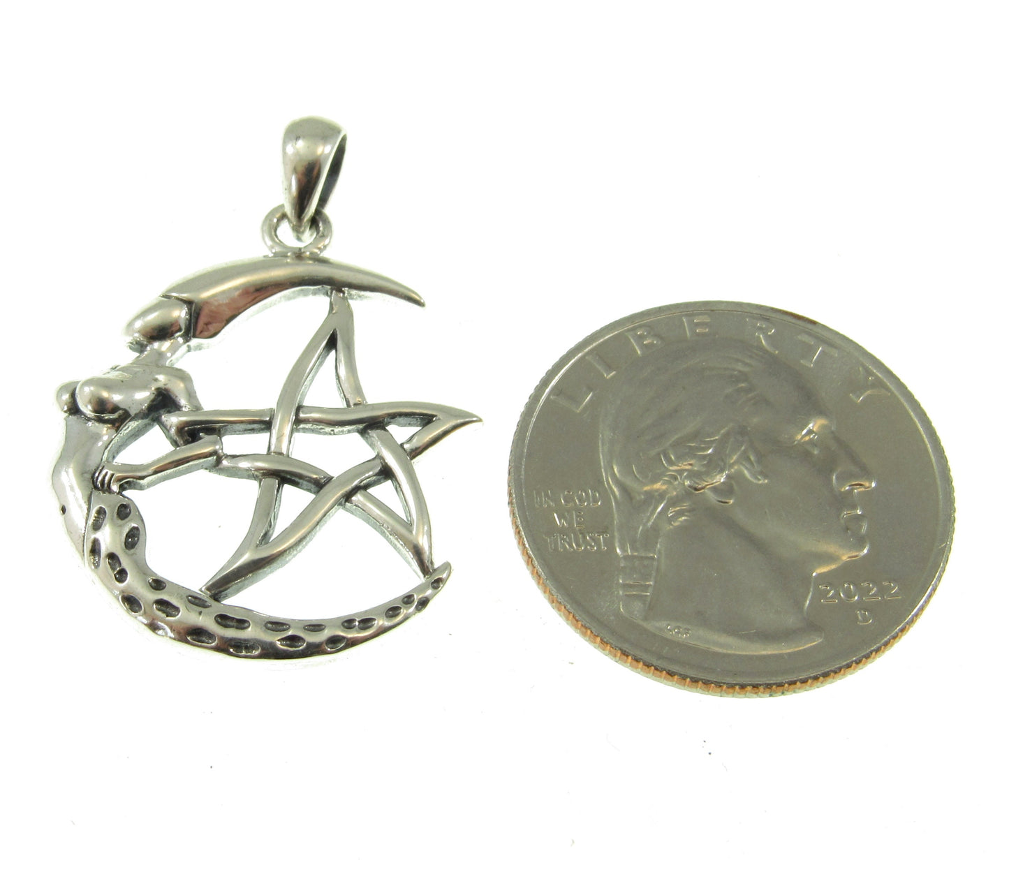 Solid 925 Sterling Silver Moon Goddess The Star Pentagram Pendant, Pagan Wicca Amulet