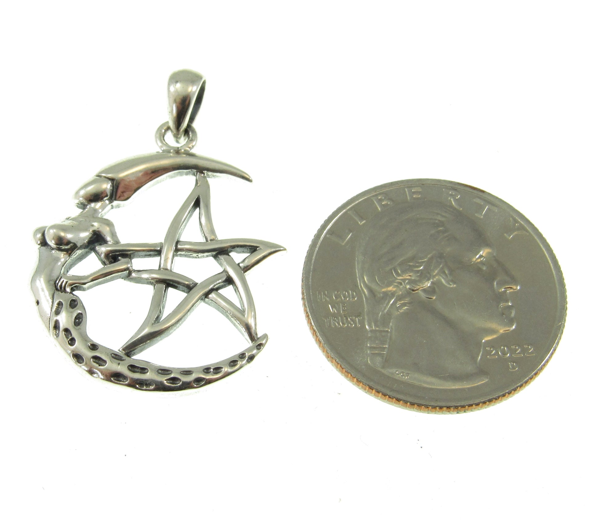 Solid 925 Sterling Silver Moon Goddess The Star Pentagram Pendant, Pagan Wicca Amulet