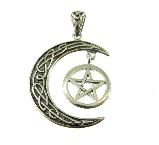 Solid 925 Sterling Silver Pentacle Hanging on Celtic Crescent Moon Pendant, Star Crescent Pagan Amulet, Feminine Power Jewelry