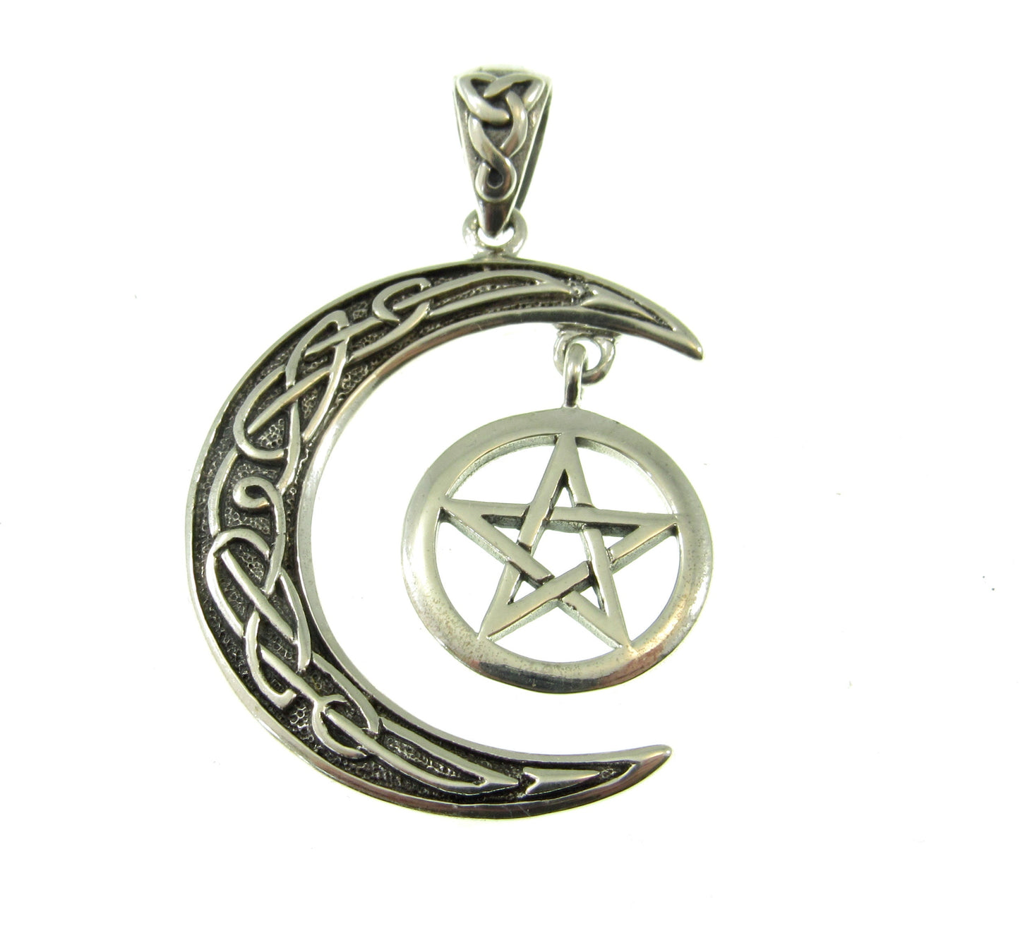 Solid 925 Sterling Silver Pentacle Hanging on Celtic Crescent Moon Pendant, Star Crescent Pagan Amulet, Feminine Power Jewelry