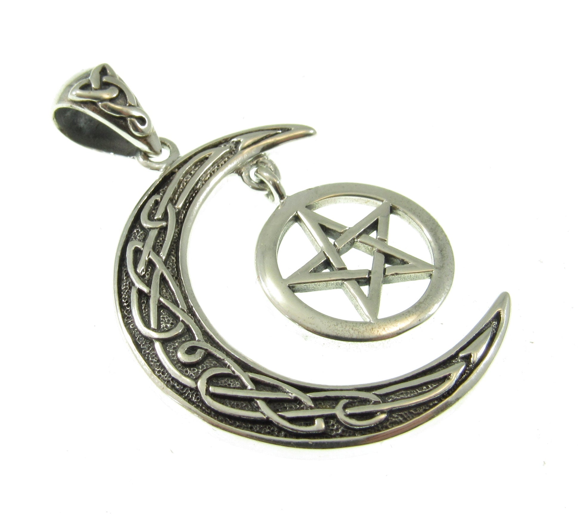 Solid 925 Sterling Silver Pentacle Hanging on Celtic Crescent Moon Pendant, Star Crescent Pagan Amulet, Feminine Power Jewelry