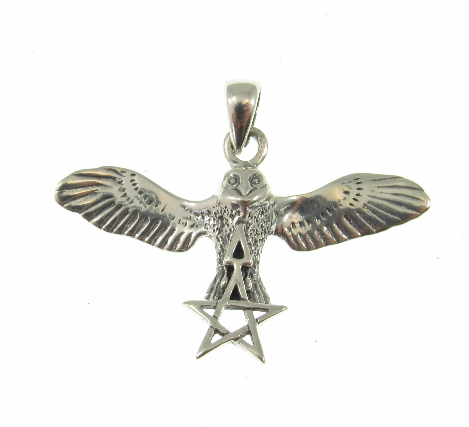 Solid 925 Sterling Silver Flying Owl with The Pentagram Star & Triangle Pendant, Pagan Wicca Amulet