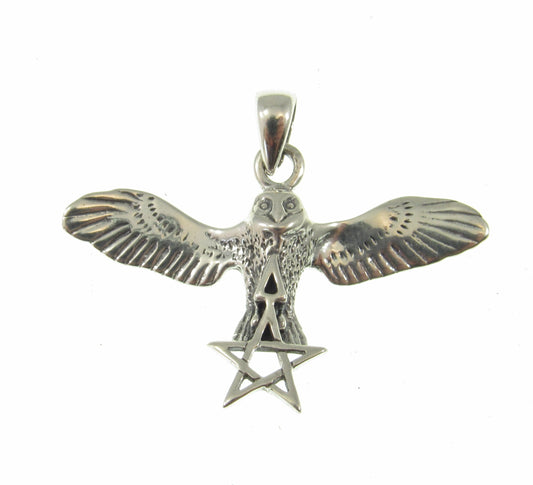 Solid 925 Sterling Silver Flying Owl with The Pentagram Star & Triangle Pendant, Pagan Wicca Amulet