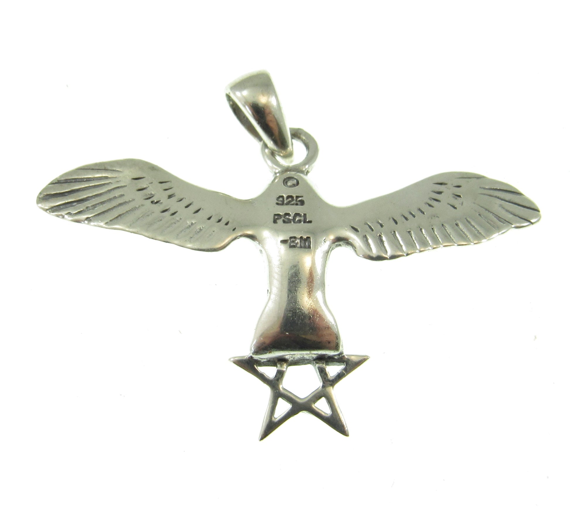 Solid 925 Sterling Silver Flying Owl with The Pentagram Star & Triangle Pendant, Pagan Wicca Amulet