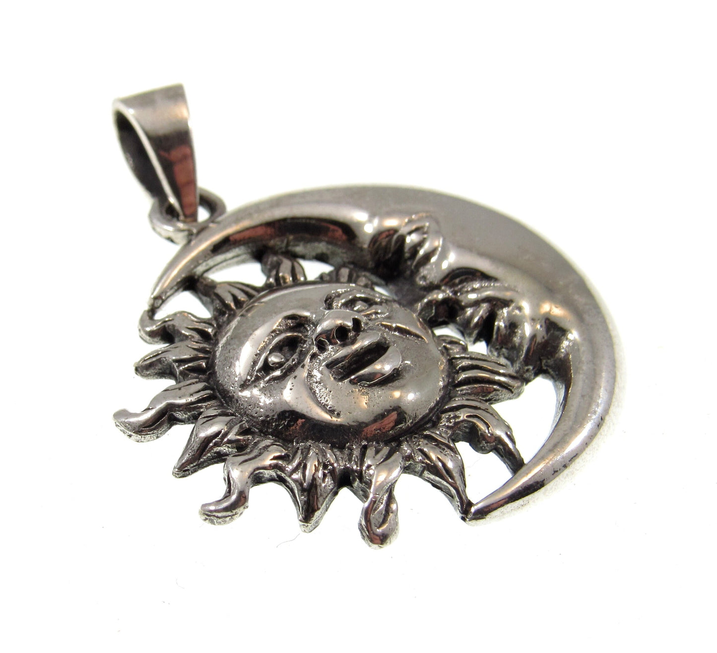 Solid 925 Sterling Silver Sun and Crescent Moon Faces Pendant, Cosmic Stellar Amulet