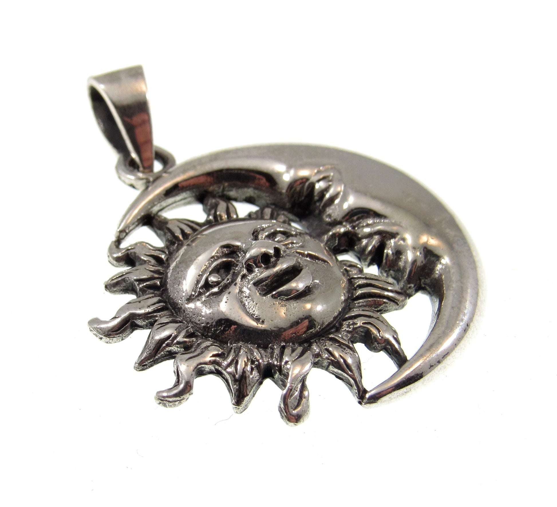Solid 925 Sterling Silver Sun and Crescent Moon Faces Pendant, Cosmic Stellar Amulet