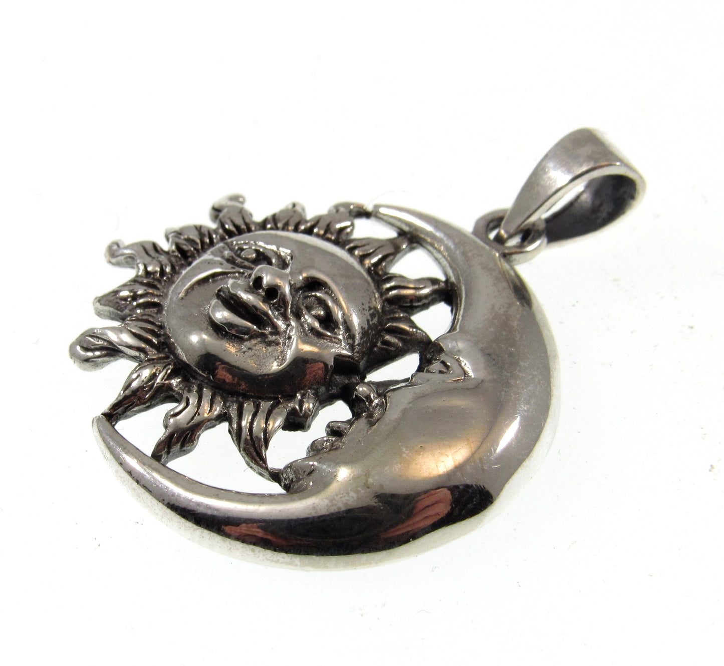 Solid 925 Sterling Silver Sun and Crescent Moon Faces Pendant, Cosmic Solar & Lunar Amulet