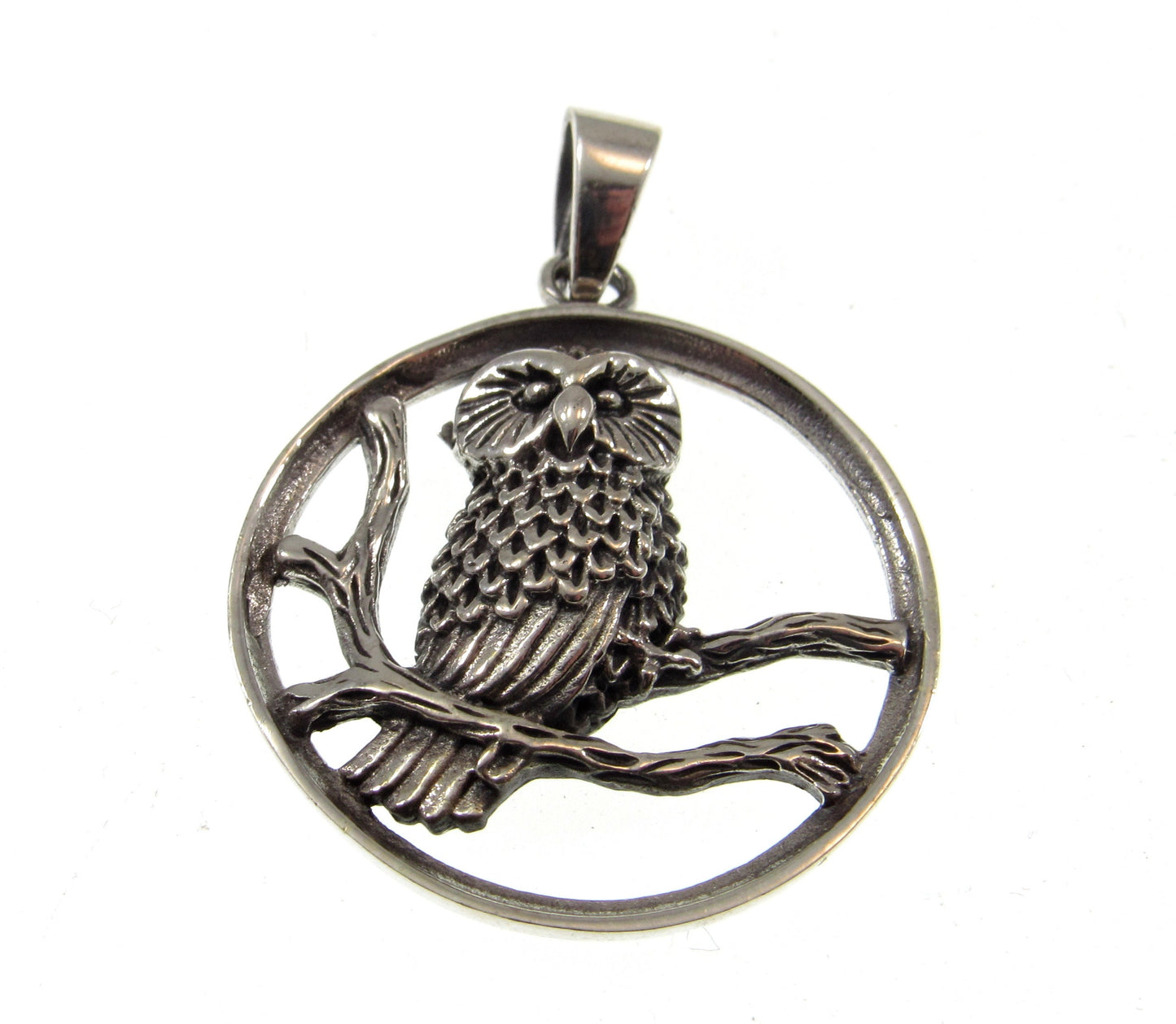 Solid 925 Sterling Silver Owl Perched onBranches Pendant, Handcrafted Wise Owl on Branch, Forest & Nature Jewelry, Totem Animal Amulet