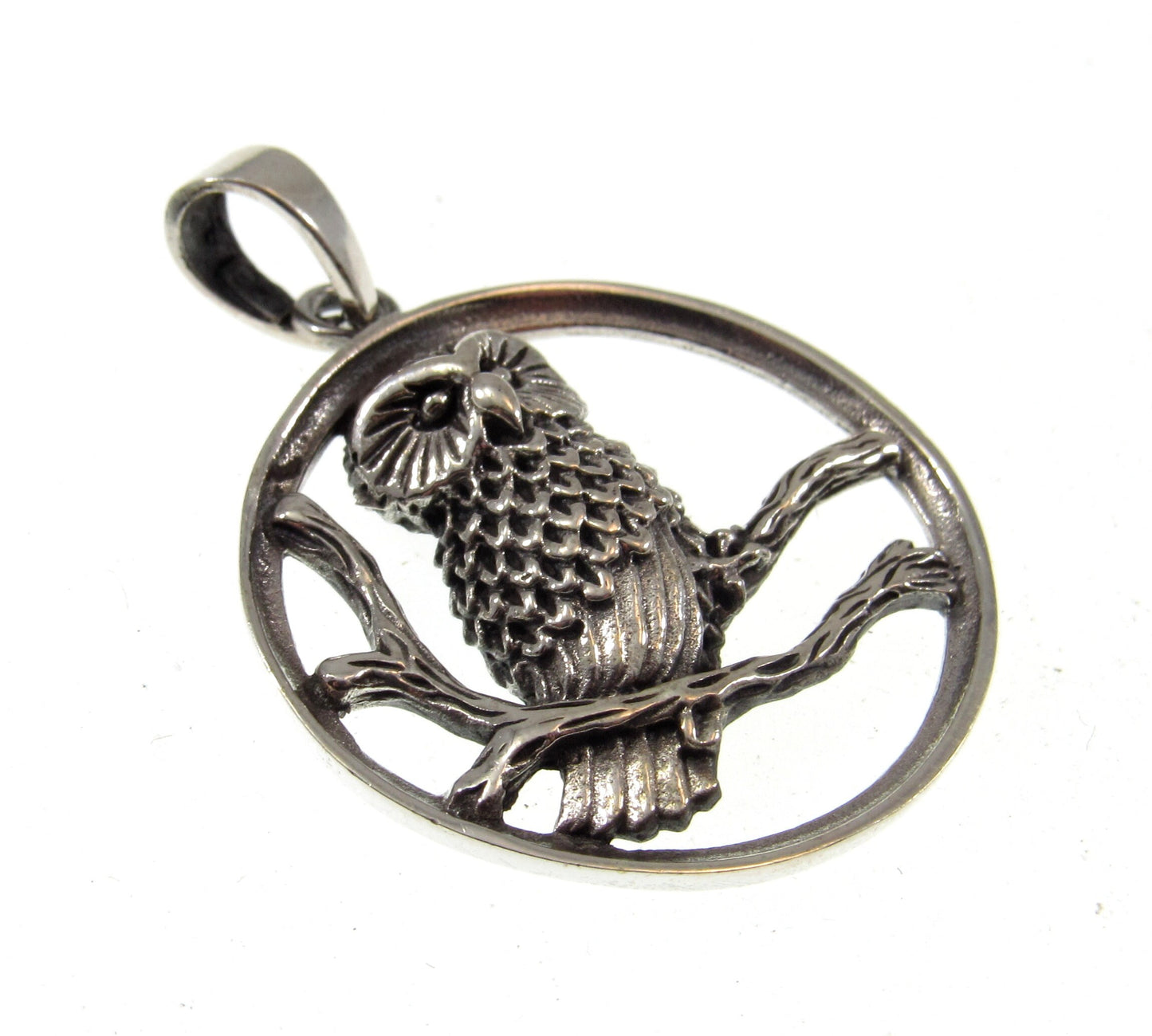 Solid 925 Sterling Silver Owl Perched onBranches Pendant, Handcrafted Wise Owl on Branch, Forest & Nature Jewelry, Totem Animal Amulet