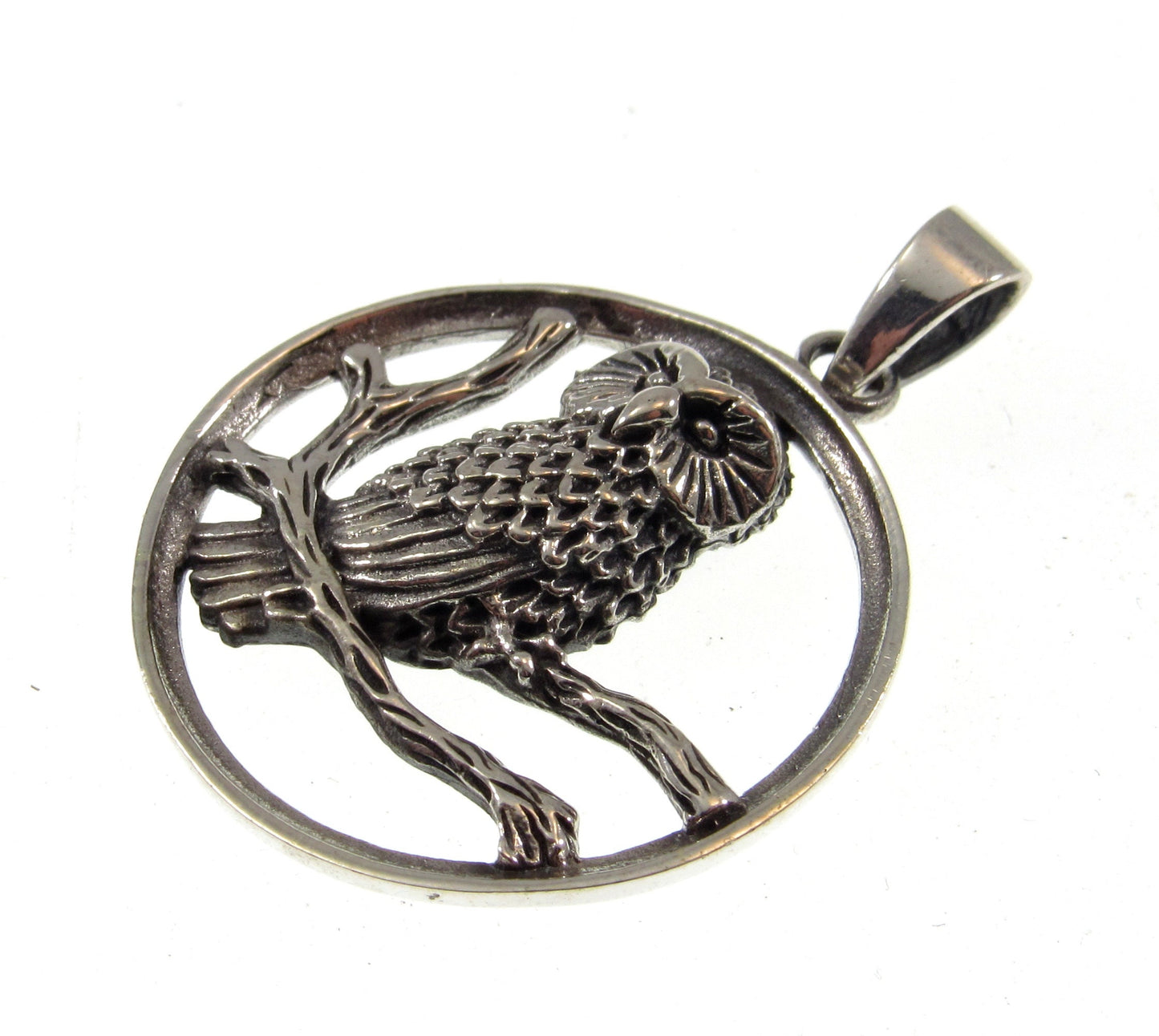 Solid 925 Sterling Silver Owl Perched onBranches Pendant, Handcrafted Wise Owl on Branch, Forest & Nature Jewelry, Totem Animal Amulet