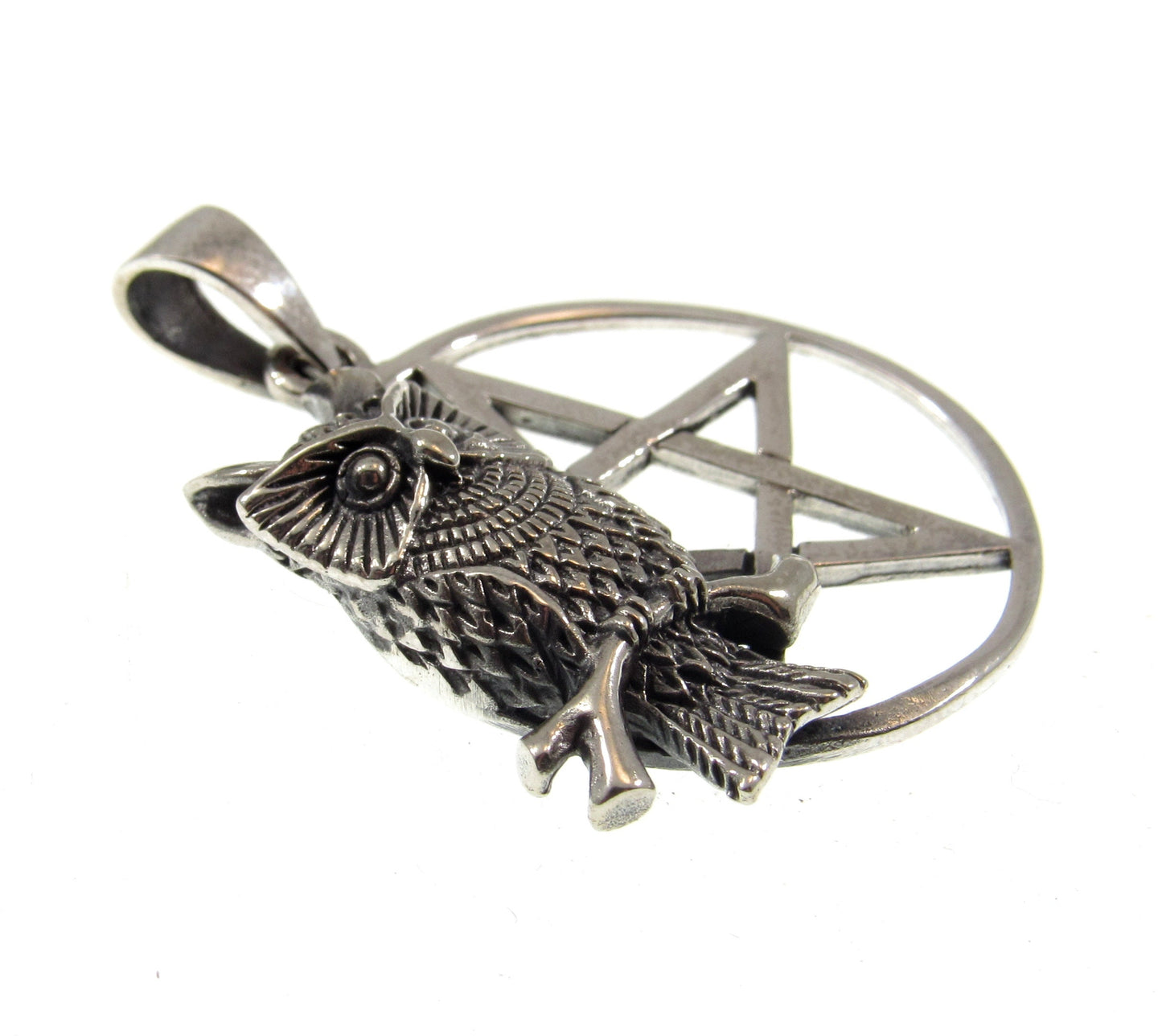Solid 925 Sterling Silver Owl on Pentacle Pagan Pentagram Pendant, Handcrafted Wiccan Magick Amulet