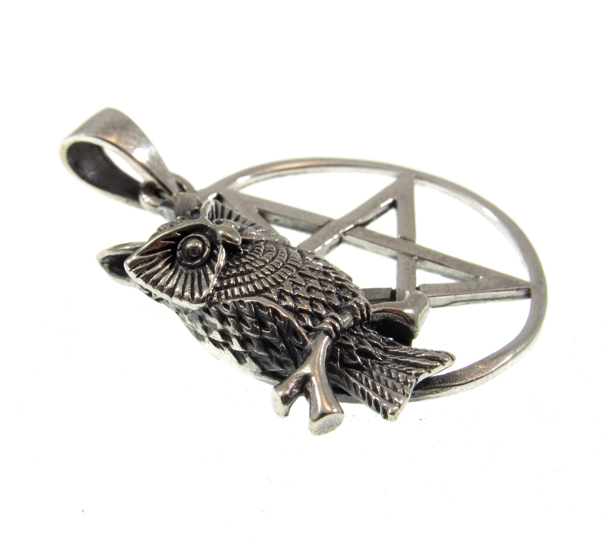 Solid 925 Sterling Silver Owl on Pentacle Pagan Pentagram Pendant, Handcrafted Wiccan Magick Amulet