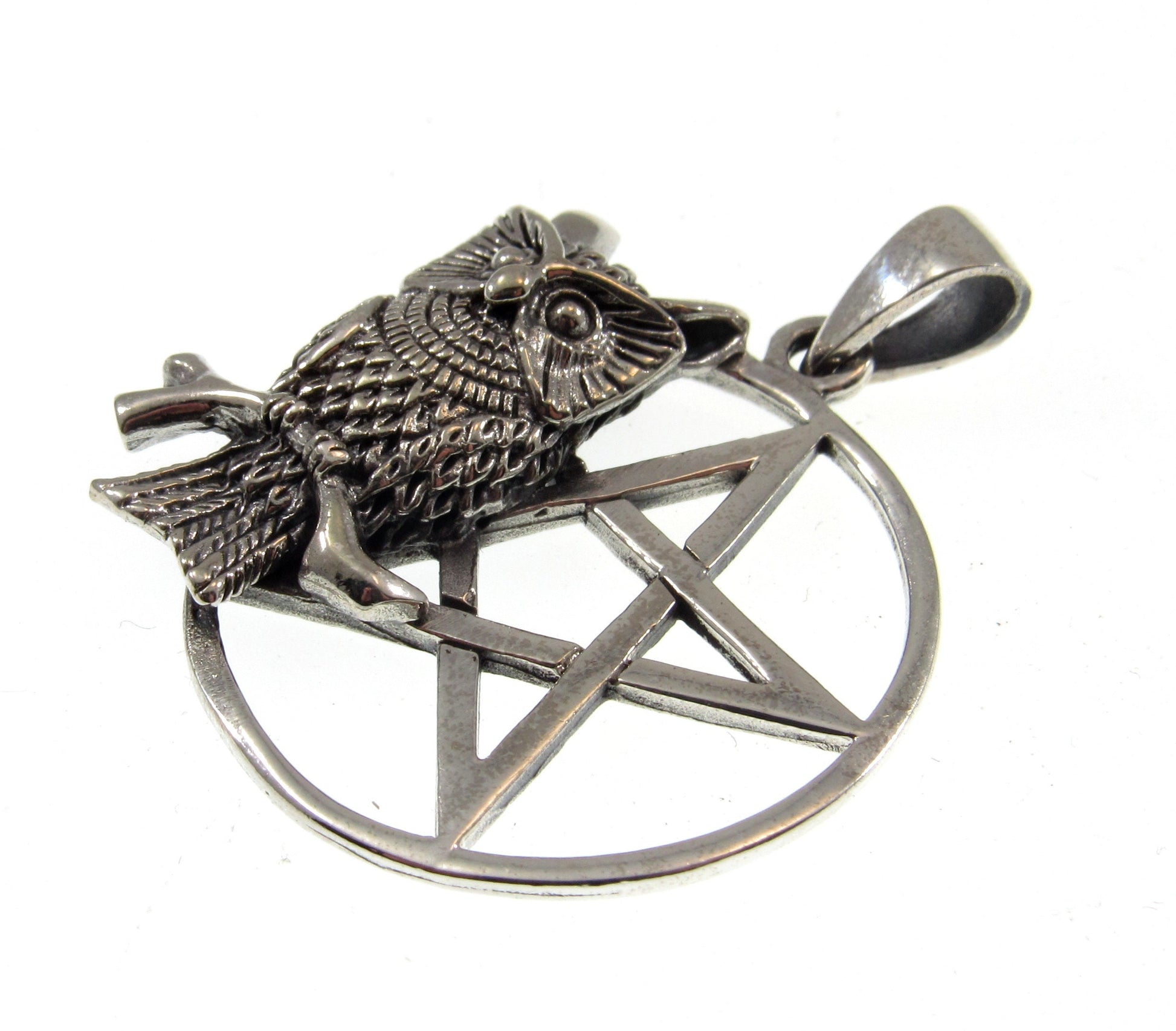 Solid 925 Sterling Silver Owl on Pentacle Pagan Pentagram Pendant, Handcrafted Wiccan Magick Amulet