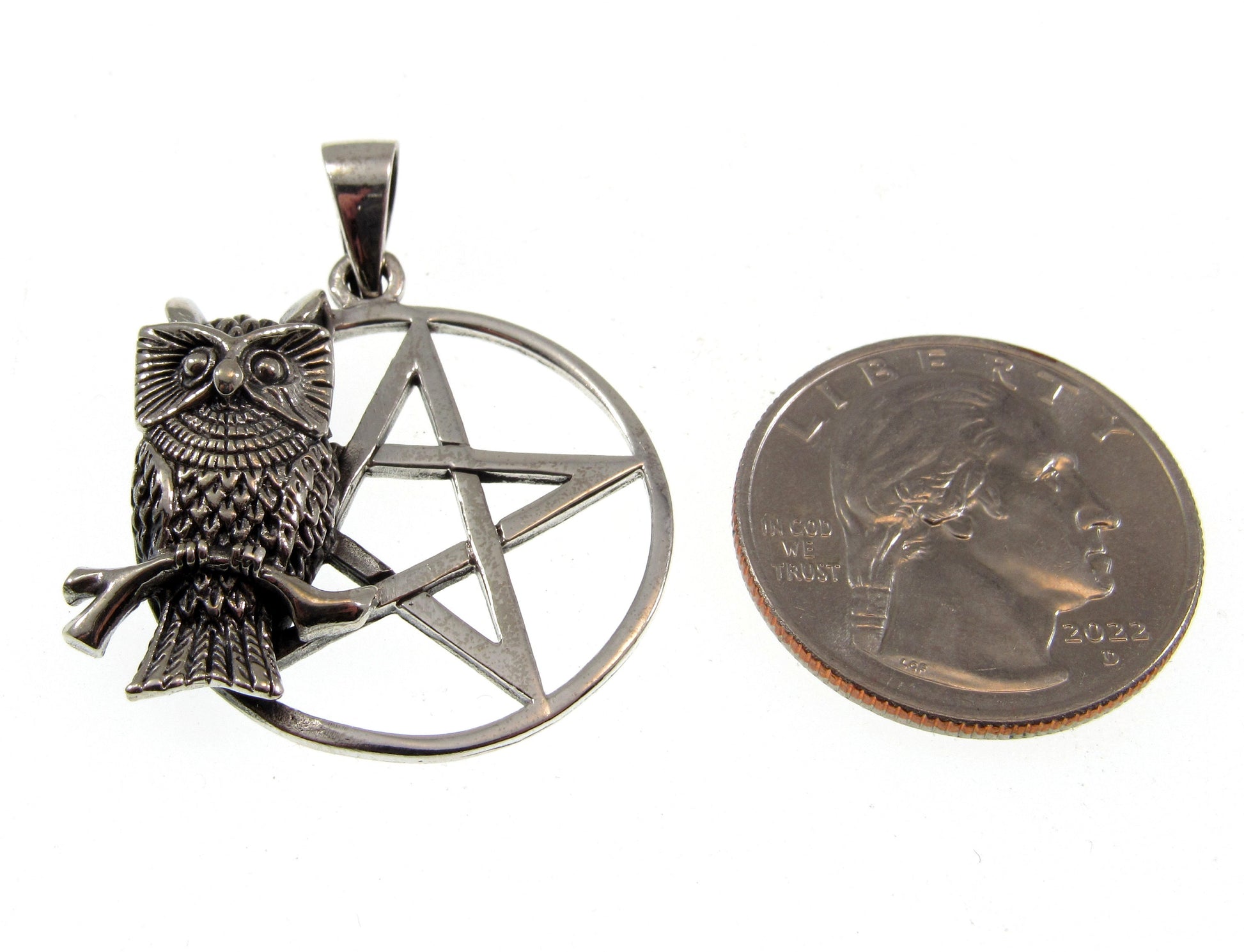 Solid 925 Sterling Silver Owl on Pentacle Pagan Pentagram Pendant, Handcrafted Wiccan Magick Amulet