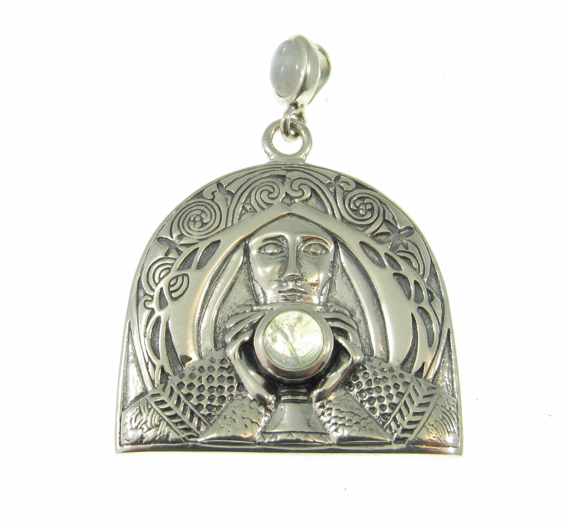 Solid 925 Sterling Silver Camelot Holy Grail Knight Pendant w/Moonstone by Laurie Cabot