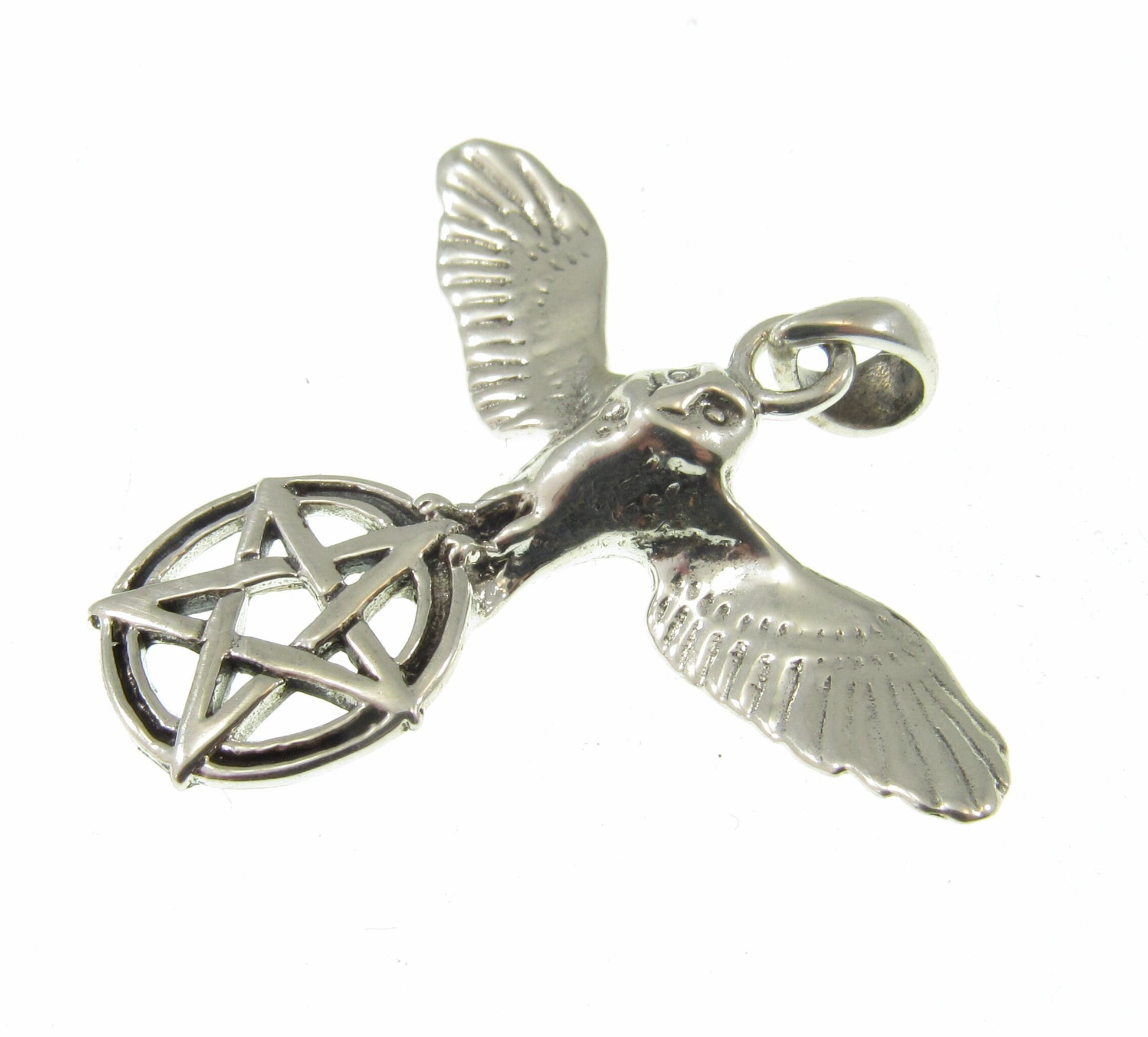 Solid 925 Sterling Silver Flying Owl with Pentacle Star Pendant, Pagan Wicca Amulet