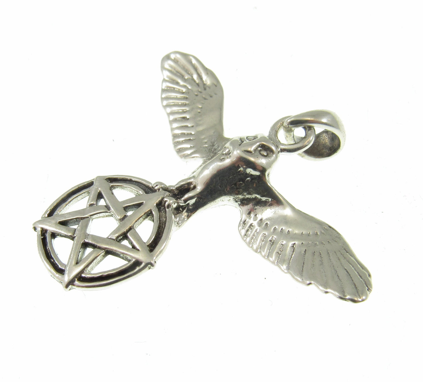 Solid 925 Sterling Silver Flying Owl with Pentacle Star Pendant, Pagan Wicca Amulet