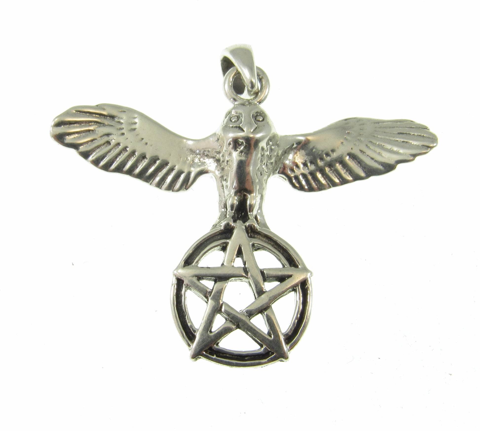 Solid 925 Sterling Silver Flying Owl with Pentacle Star Pendant, Pagan Wicca Amulet