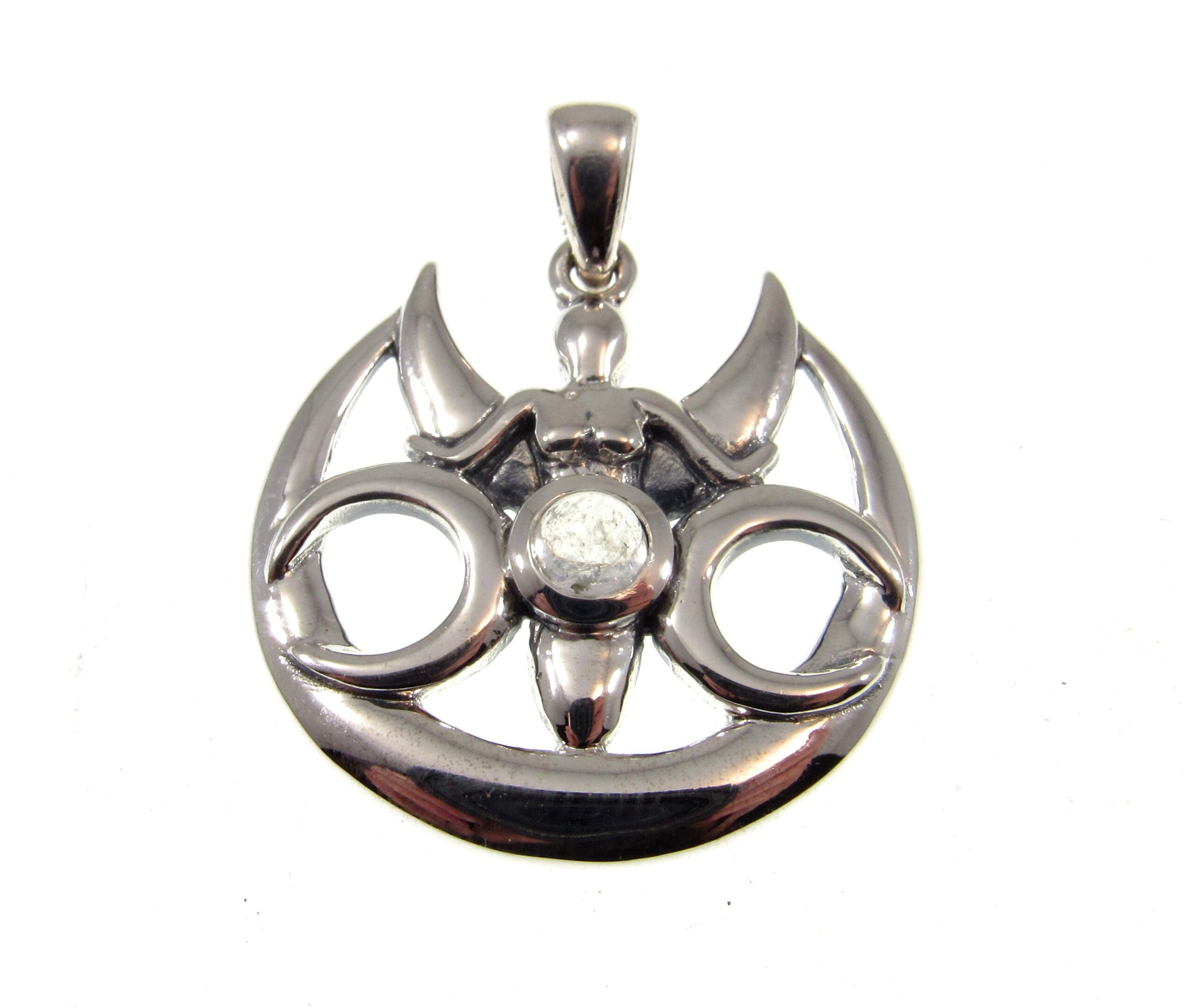 Solid 925 Sterling Silver Triple Moon Goddess With Rainbow Moonstone Pendant, Maiden Mother & Crone Amulet