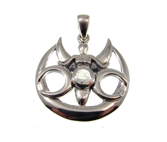 Solid 925 Sterling Silver Triple Moon Goddess With Rainbow Moonstone Pendant, Maiden Mother & Crone Amulet