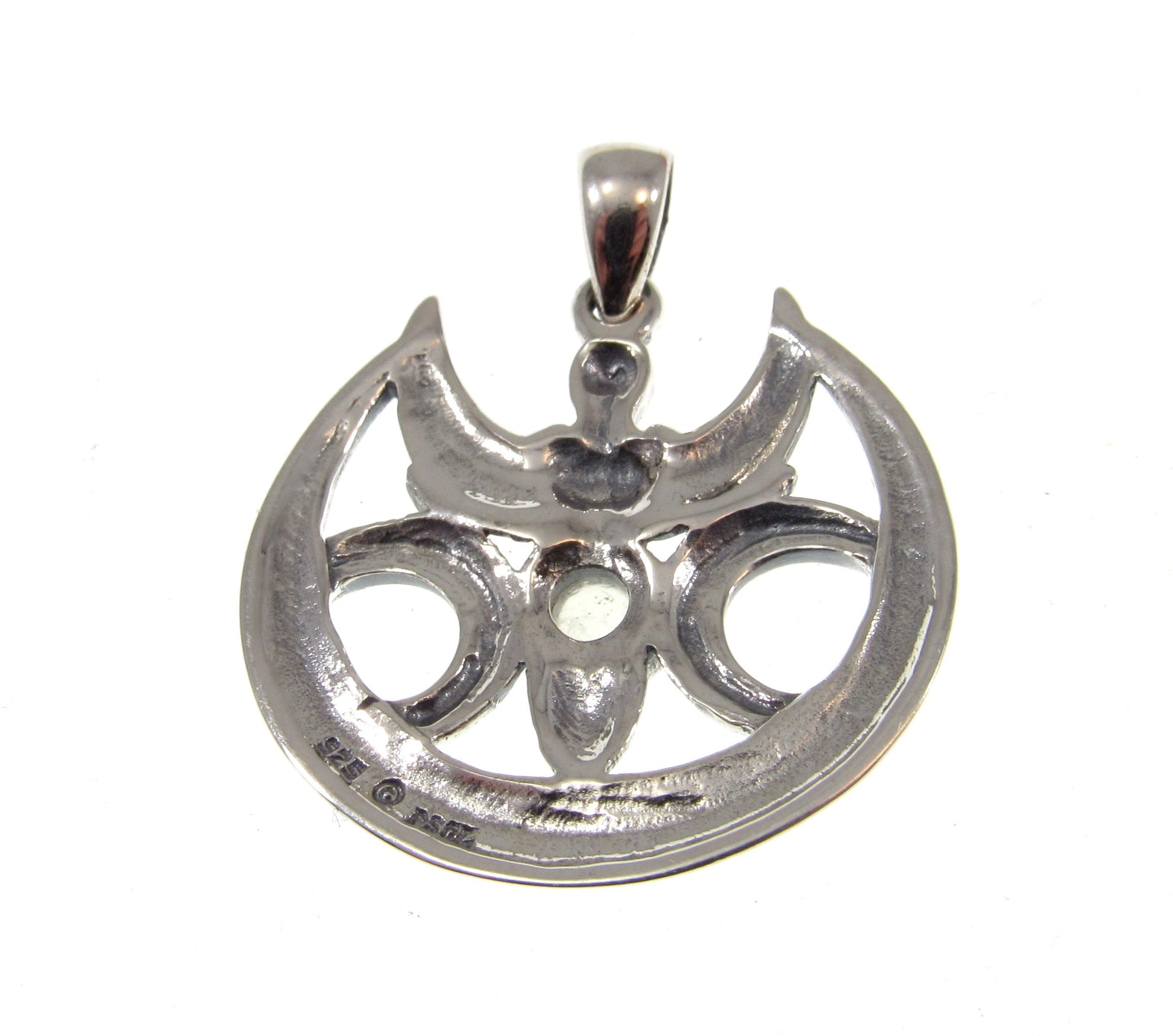 Solid 925 Sterling Silver Triple Moon Goddess With Rainbow Moonstone Pendant, Maiden Mother & Crone Amulet