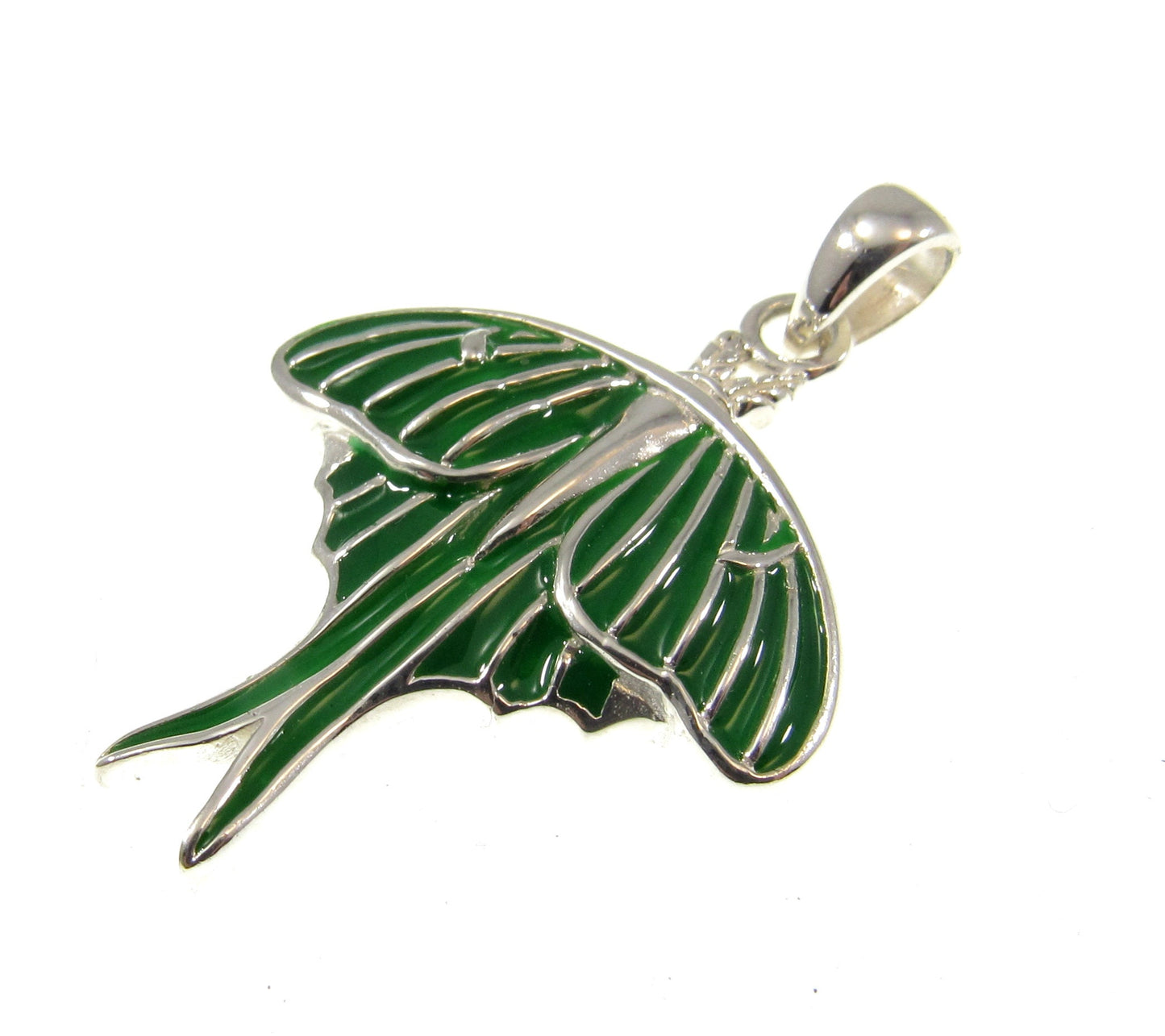 Solid 925 Sterling Silver and Green Enamel Luna Moth Pendant by Renown Artist & Clairvoyant Ted Andrews