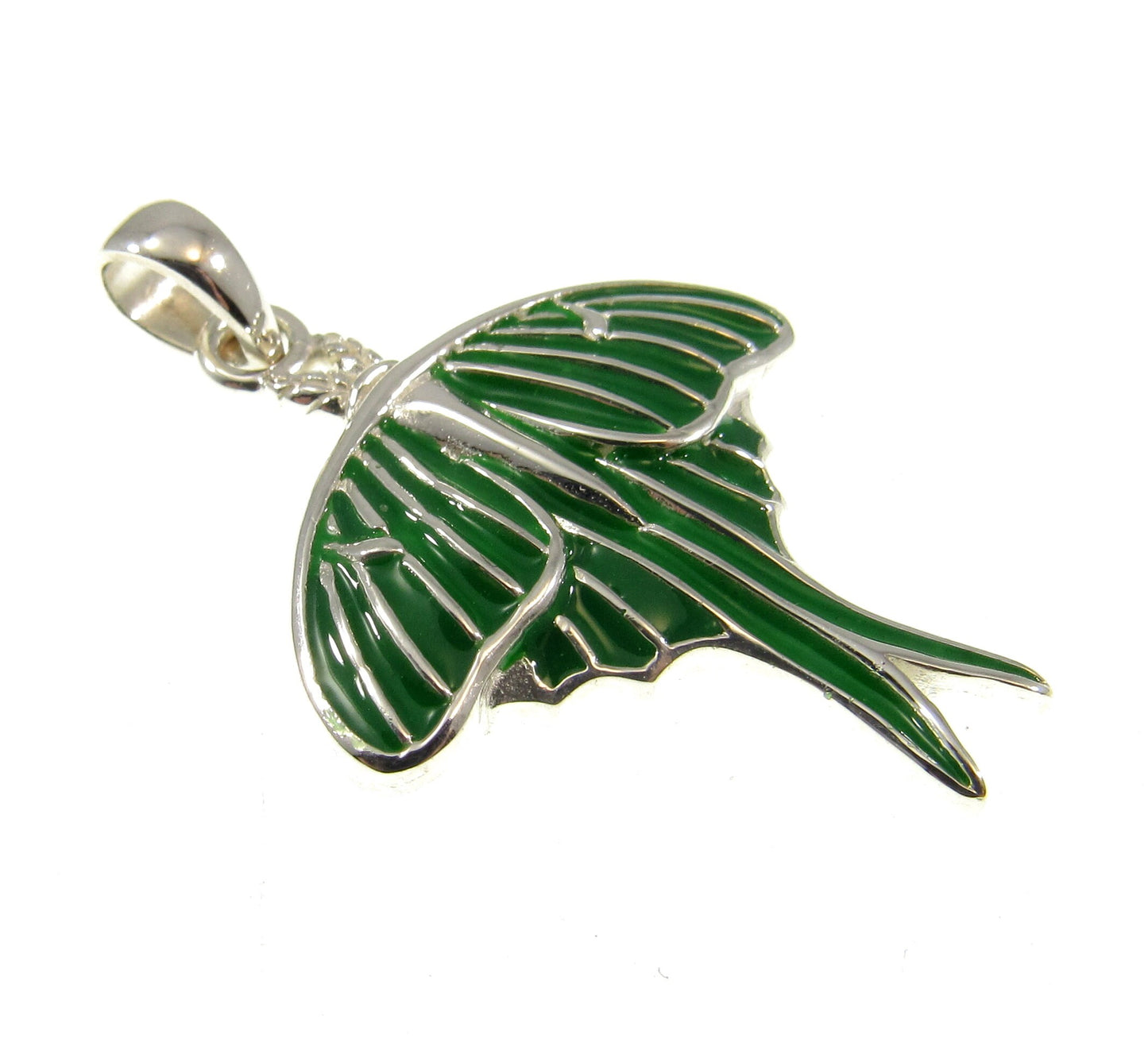 Solid 925 Sterling Silver and Green Enamel Luna Moth Pendant by Renown Artist & Clairvoyant Ted Andrews