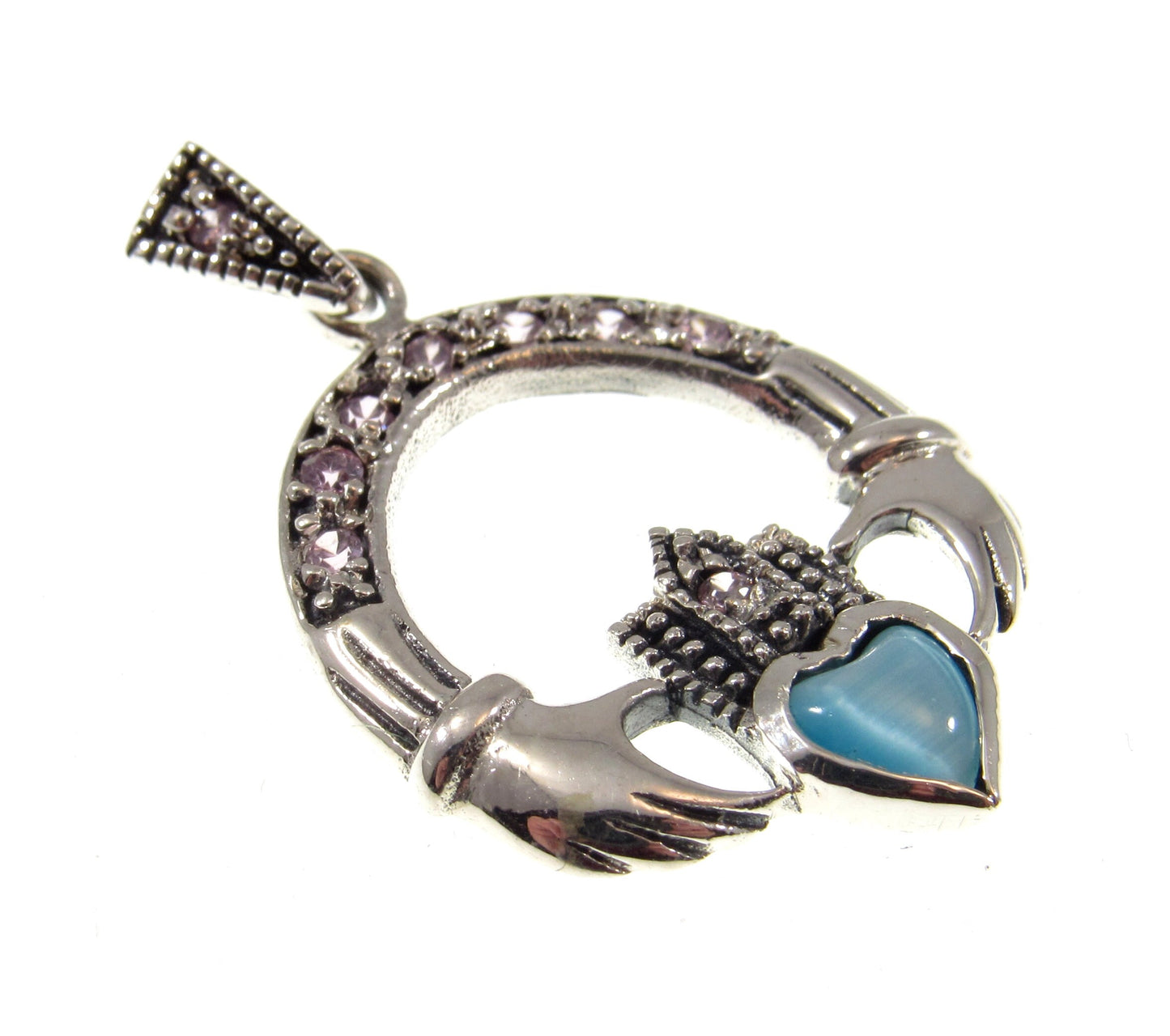 Solid 925 Sterling Silver Irish Claddagh Knot Pendant With Marcasite, Pink CZs and Cat's Eye Quartz Gemstones