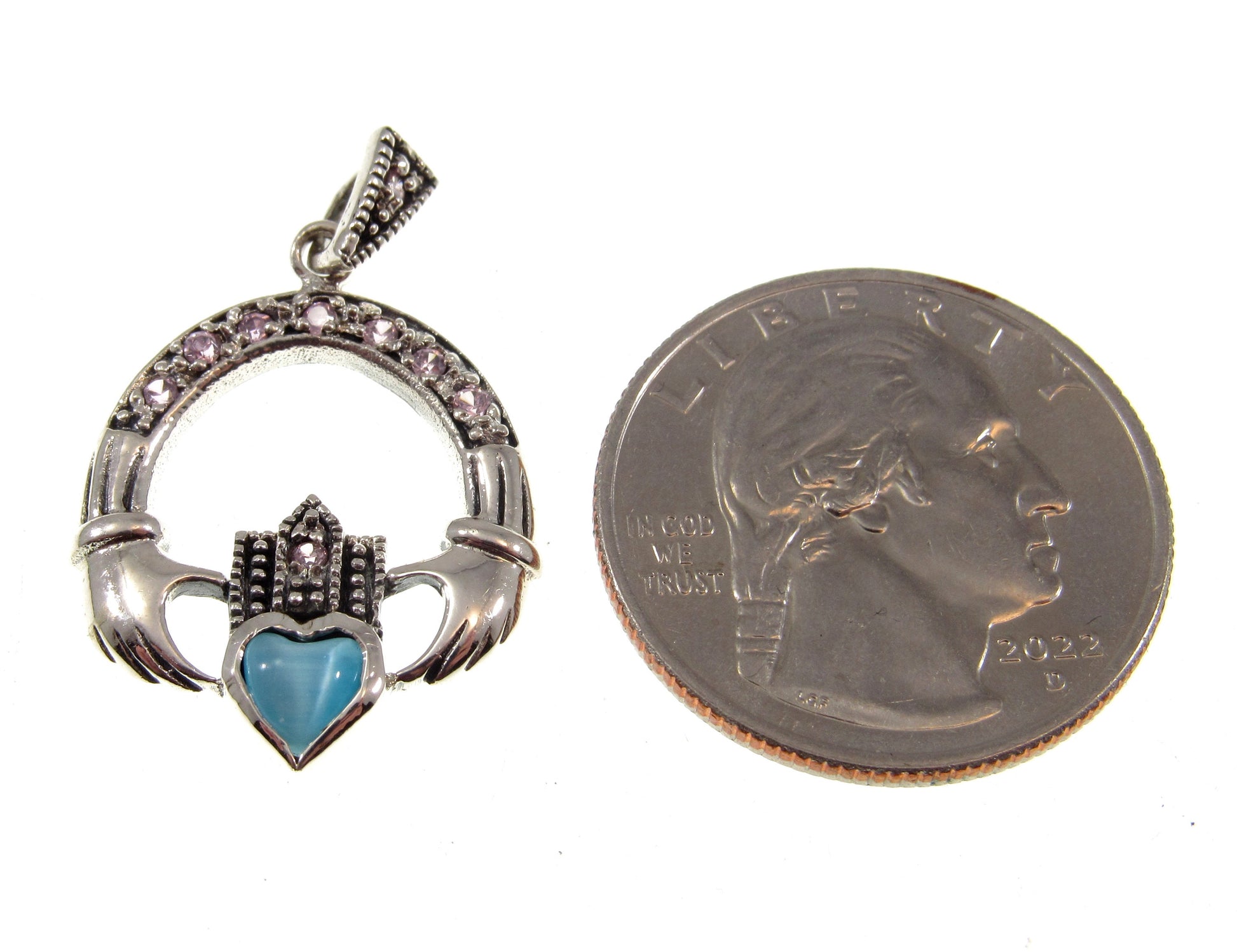 Solid 925 Sterling Silver Irish Claddagh Knot Pendant With Marcasite, Pink CZs and Cat's Eye Quartz Gemstones