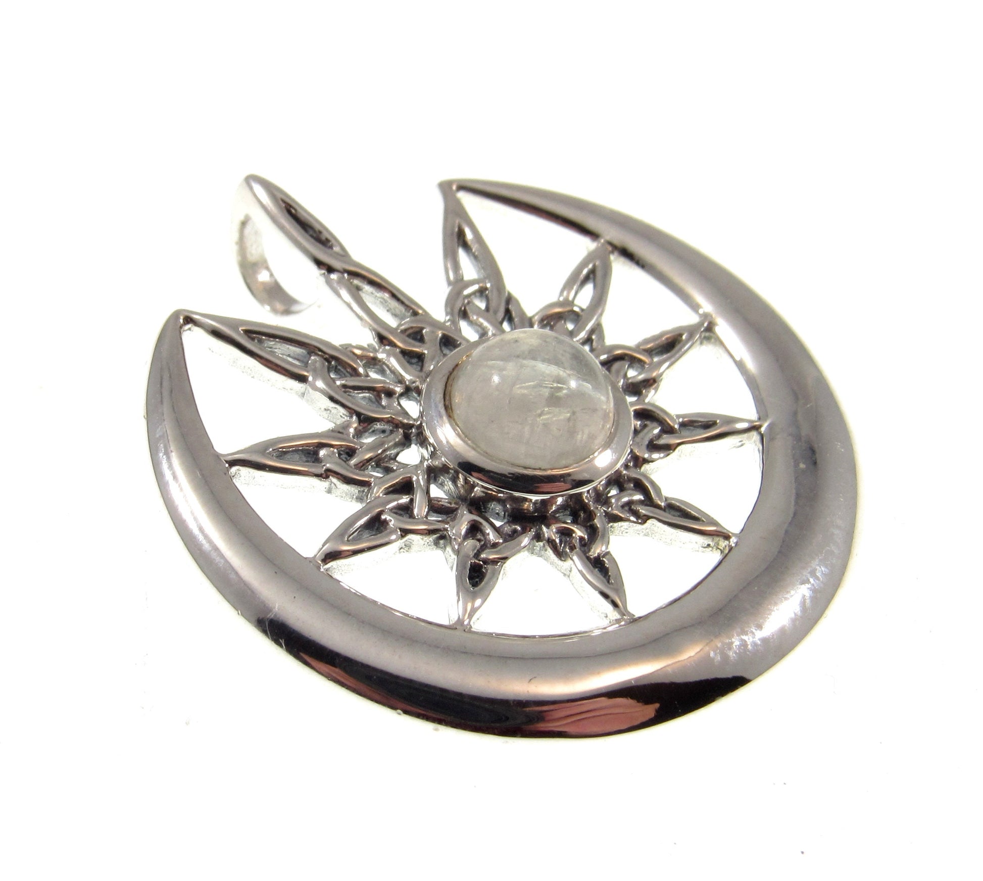 Solid 925 Sterling Silver Celtic Star on Crescent Moon with Rainbow Moonstone Gemstone