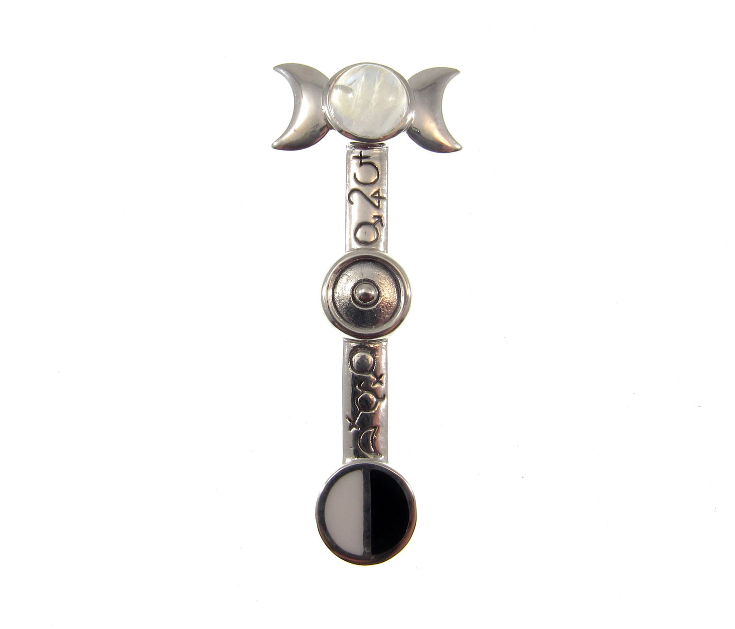 Solid 925 Sterling Silver Astrologer's Staff Triple Moon Pendant, Phases of Empowerment Magical Wiccan Pagan Amulet with Moonstone