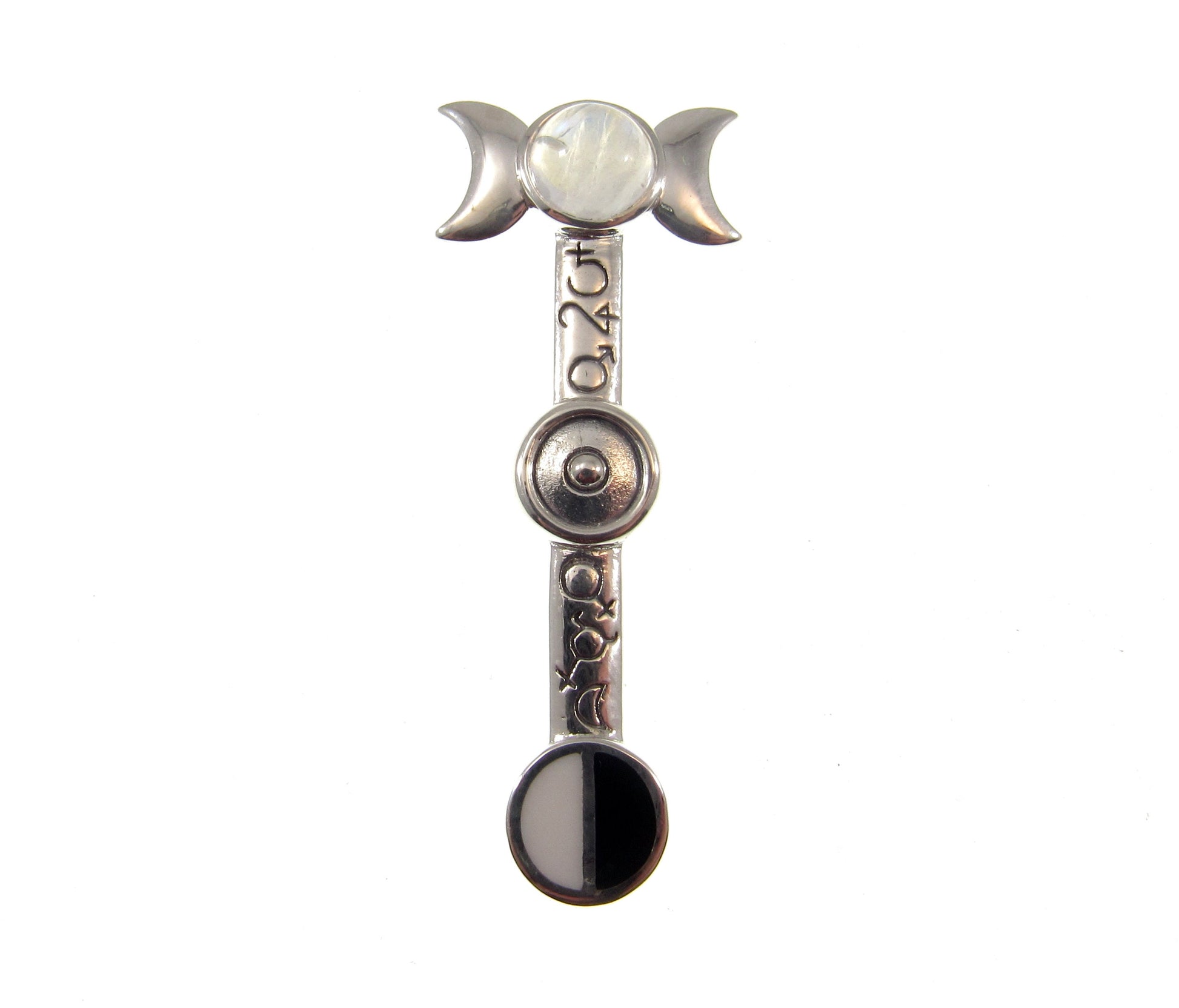 Solid 925 Sterling Silver Astrologer's Staff Triple Moon Pendant, Phases of Empowerment Magical Wiccan Pagan Amulet with Moonstone